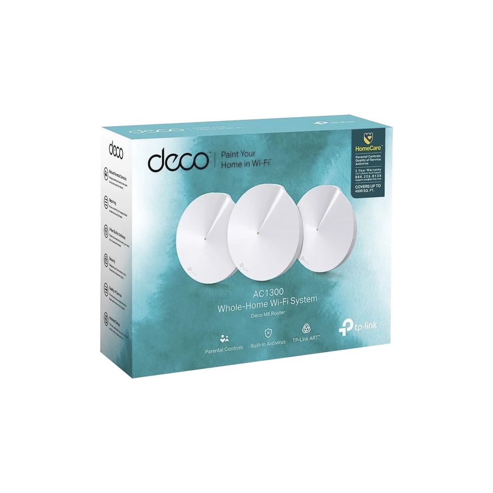 KIT DE SISTEMA INALÁMBRICO DECO M5 MESH PARA HOGAR, DOBLE BANDA AC, DOBLE PUERTO GIGABIT, 4 ANTENAS INTERNAS CON SEGURIDAD DE HOMECARE GRATUITO POR 3 AÑOS-Redes WiFi-TP-LINK-Bsai Seguridad & Controles