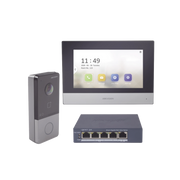KIT DE VIDEOPORTERO IP + SWITCH POE POE ESTANDAR CON LLAMADA A APP DE SMARTPHONE (HIKCONNECT) / APERTURA CON TARJETA MIFARE / FRENTE DE CALLE IP65 / SOPORTA 1 DEPARTAMENTO-Videoporteros e Interfonos-HIKVISION-Bsai Seguridad & Controles