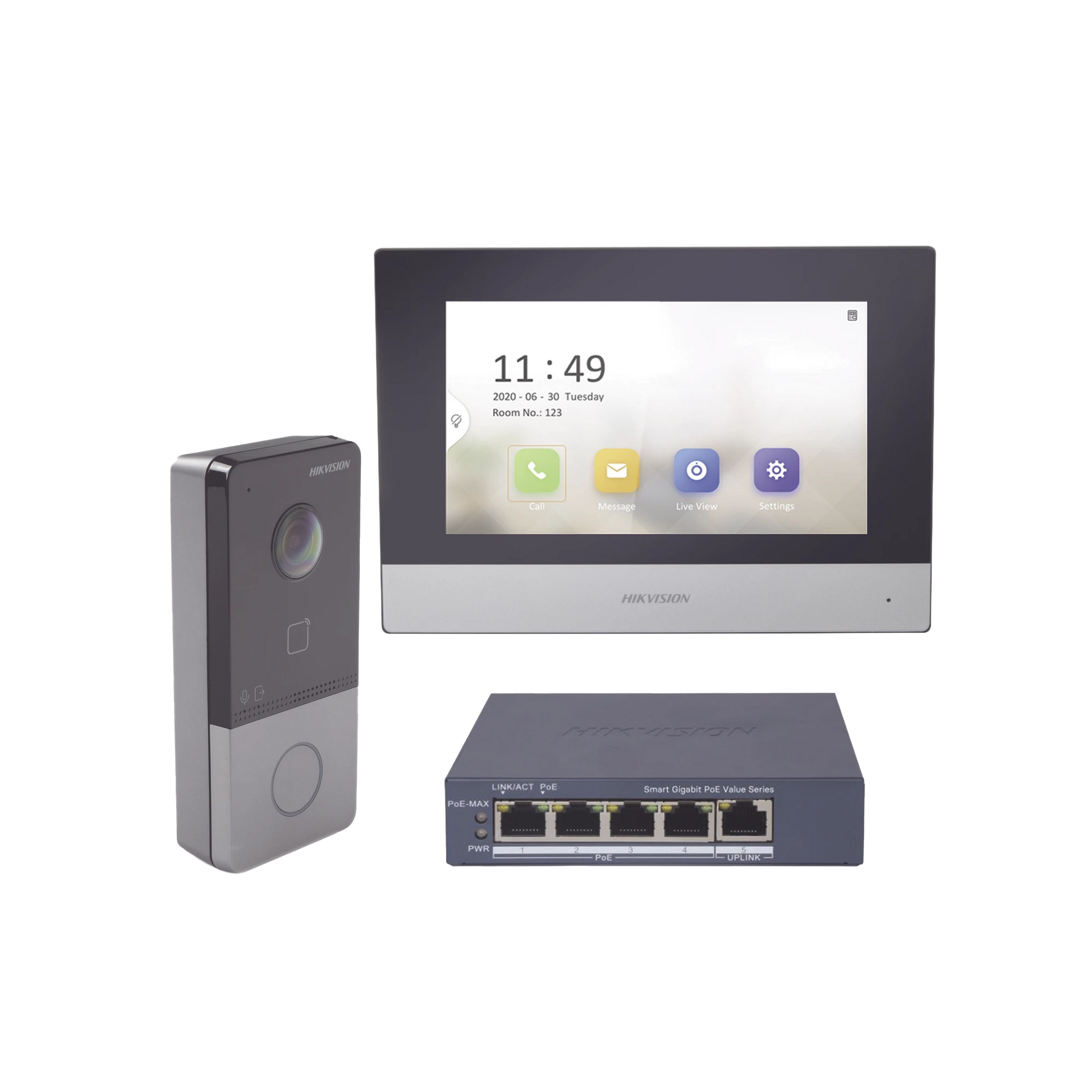 KIT DE VIDEOPORTERO IP + SWITCH POE POE ESTANDAR CON LLAMADA A APP DE SMARTPHONE (HIKCONNECT) / APERTURA CON TARJETA MIFARE / FRENTE DE CALLE IP65 / SOPORTA 1 DEPARTAMENTO-Videoporteros e Interfonos-HIKVISION-Bsai Seguridad & Controles