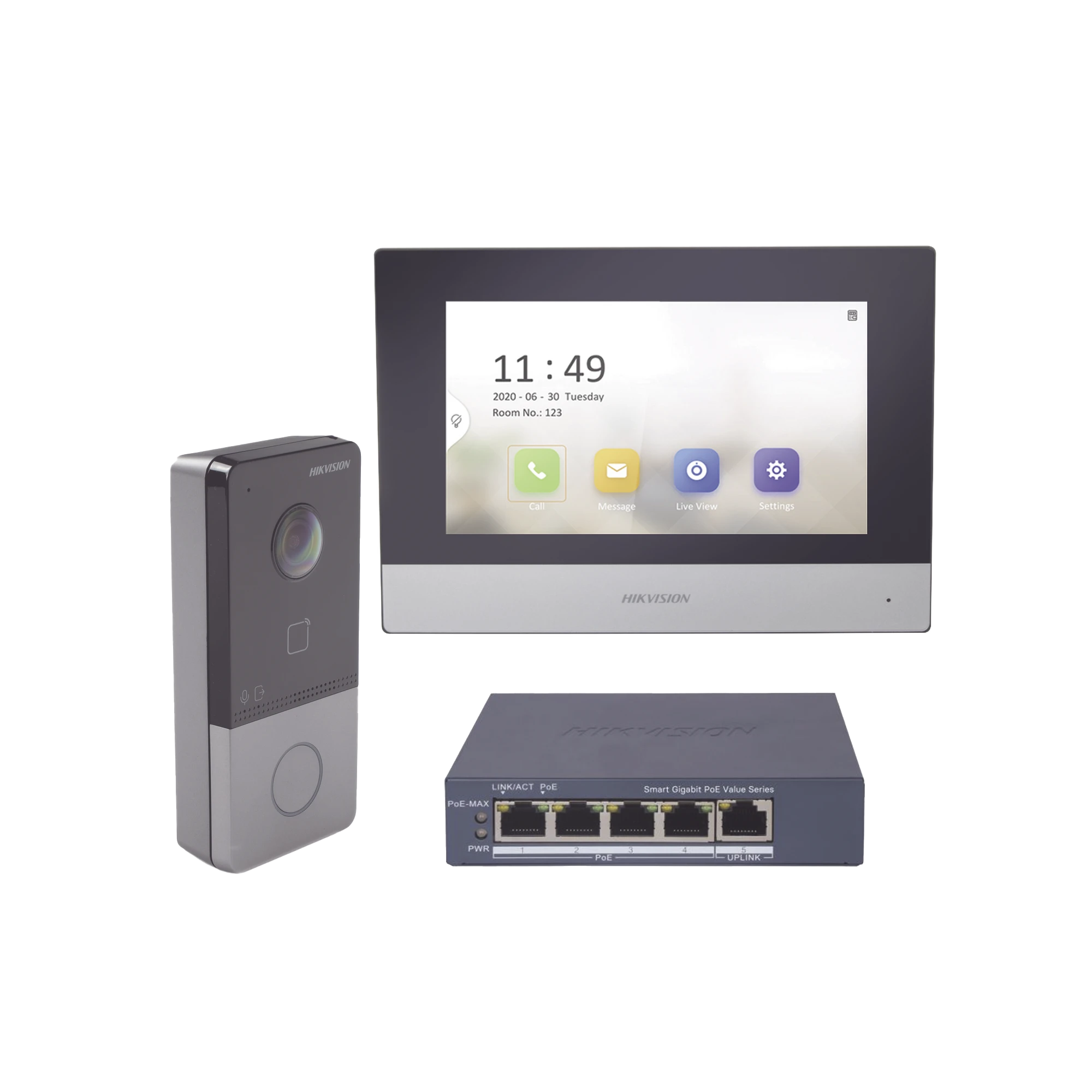 KIT DE VIDEOPORTERO IP + SWITCH POE POE ESTANDAR CON LLAMADA A APP DE SMARTPHONE (HIKCONNECT) / APERTURA CON TARJETA MIFARE / FRENTE DE CALLE IP65 / SOPORTA 1 DEPARTAMENTO-Videoporteros e Interfonos-HIKVISION-Bsai Seguridad & Controles