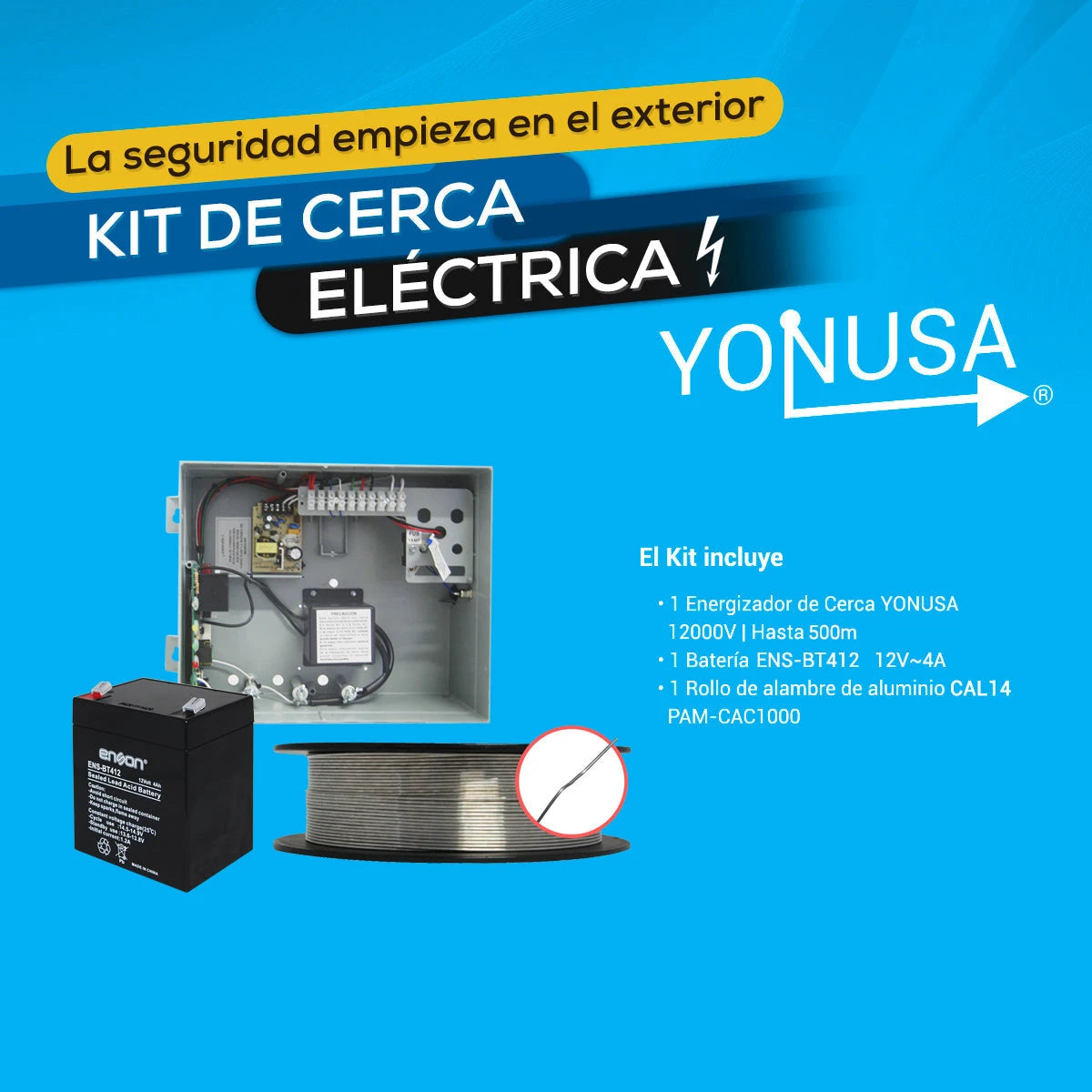 KIT EB ALAMBRE+BATERIA+ENERGIZADOR YONUSA EY NG 12000 1X+ ENS-BT412 O EQUIVALENTE + 1X ROLLO ALAMBRE DE ALUMINIO PAM-CAC1000-Cercas Eléctricas-YONUSA-Bsai Seguridad & Controles