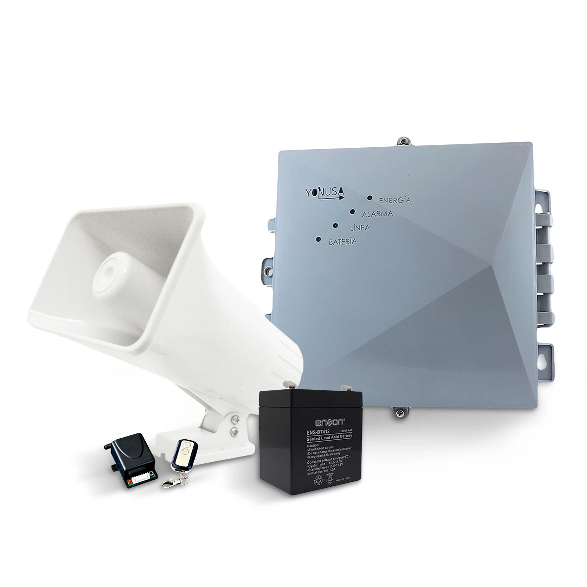KIT ENERGIZADOR DECERCAS CON SALIDA A SIRENA ENERGIZADOR YONUSA EY NG 12000 1 + BATERIA ENS-BT412 + SIRENA PAM-SRE30W + RECEPTOR CON SALIDA A SIRENA AX-REC12-Cercas electrificadas-YONUSA-Bsai Seguridad & Controles