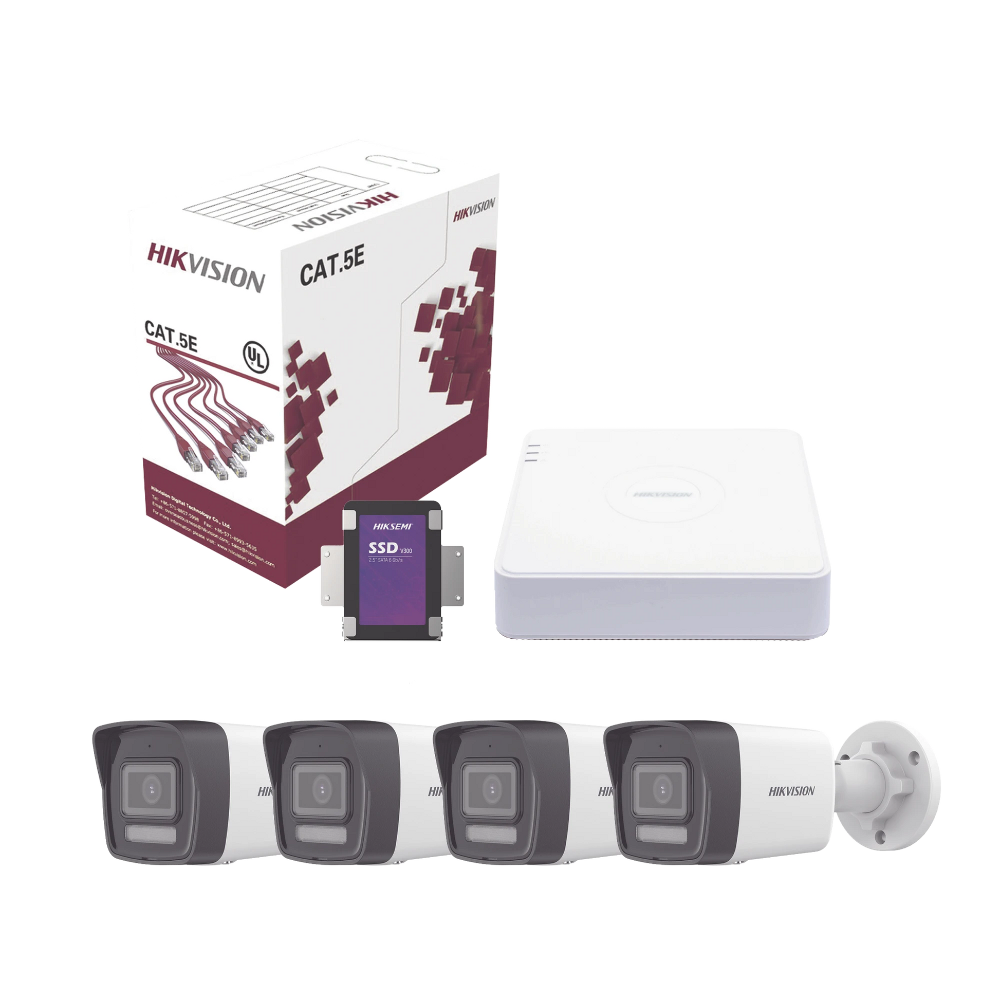 KIT IP 4 MEGAPIXEL / NVR DE 4 CANALES CON 4 PUERTOS POE / 4 CÁMARAS IP BALA DUAL LIGHT (IR + LUZ BLANCA) CON MICROFONO INTEGRADO Y ACUSENSE LITE PARA EXTERIOR/ BOBINA DE CABLE DE 100 MTS / SSD DE 1 TB-Kits- Sistemas Completos-HIKVISION-Bsai Seguridad & Controles