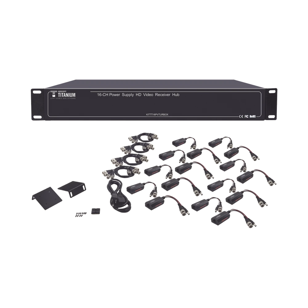 KIT PREMIUM DE 16 CANALES PARA TRANSMISIÓN DE ALIMENTACION ( DE 36 VCD A 12 VCD) Y VIDEO (HD-TVI) A DISTANCIAS DE HASTA 300 M-Cableado-EPCOM TITANIUM-Bsai Seguridad & Controles