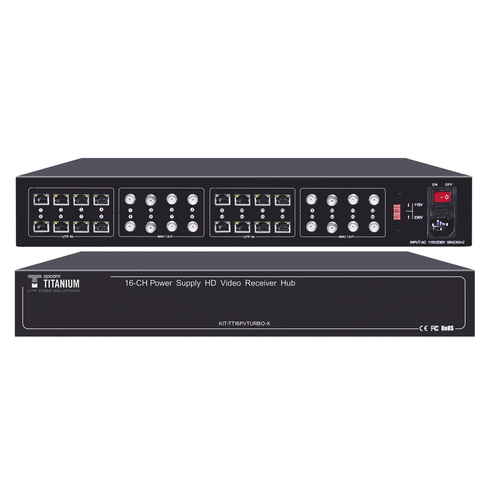 KIT PREMIUM DE 16 CANALES PARA TRANSMISIÓN DE ALIMENTACION ( DE 36 VCD A 12 VCD) Y VIDEO (HD-TVI) A DISTANCIAS DE HASTA 300 M-Cableado-EPCOM TITANIUM-Bsai Seguridad & Controles