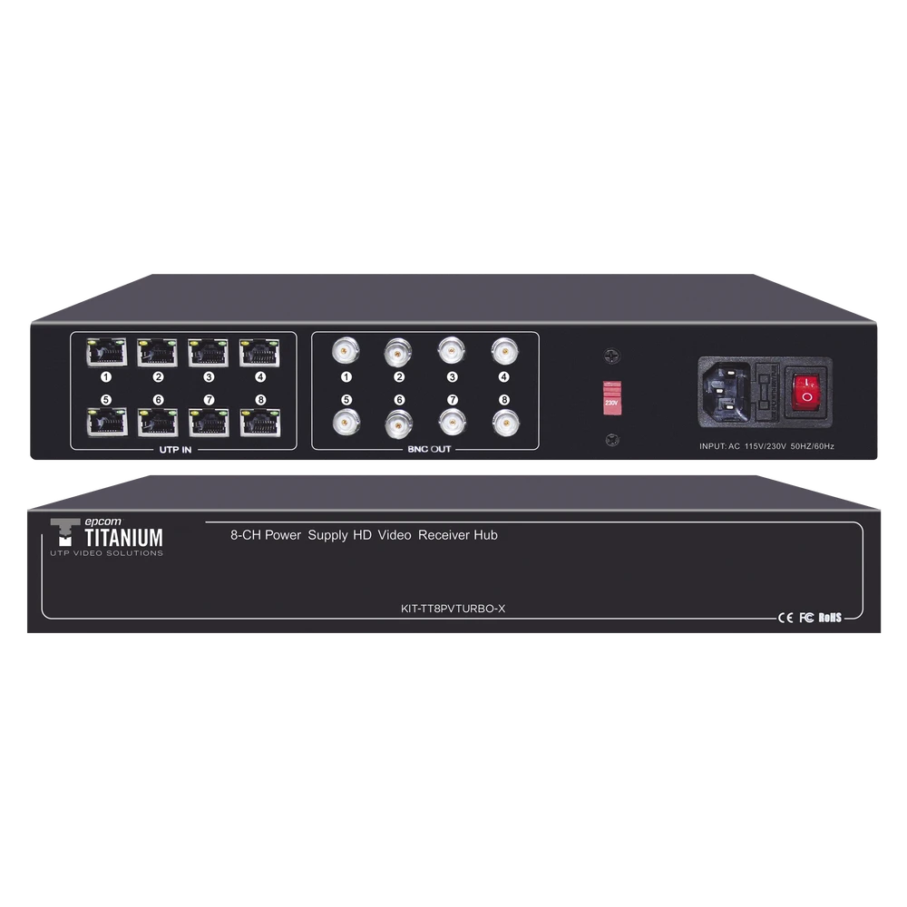 KIT PREMIUM WITH 8 TRANSMITTERS AND 1 RECEIVER FOR POWER TRANSMISSION (36 VDC @ 12 VCD) AND VIDEO (HD-TVI) FOR DISTANCES UP TO 300 METERS-Accesorios Videovigilancia-EPCOM TITANIUM-Bsai Seguridad & Controles