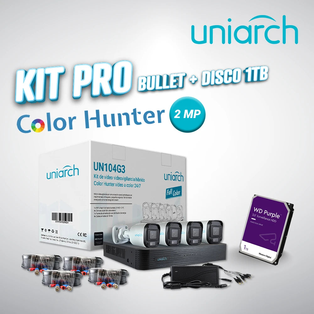 KIT PRO COLOR HUNTER 2MP BULLET + DISCO 1TB-Kits de Videovigilancia-UNIARCH BY UNV-1 x UN104G3 + 1 x WD11PURZ-Bsai Seguridad & Controles