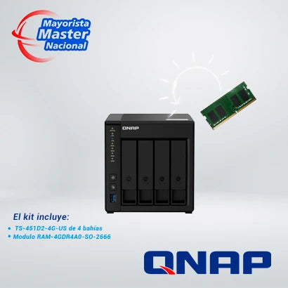 KIT QNAP 4-BAY NAS 1X TS-451D2-4G-US + 1X MODULO RAM QNAP RAM-4GDR4A0-SO-2666-Servidores NAS / STORAGE-QNAP-KIT NAS + MODULO RAM-Bsai Seguridad & Controles