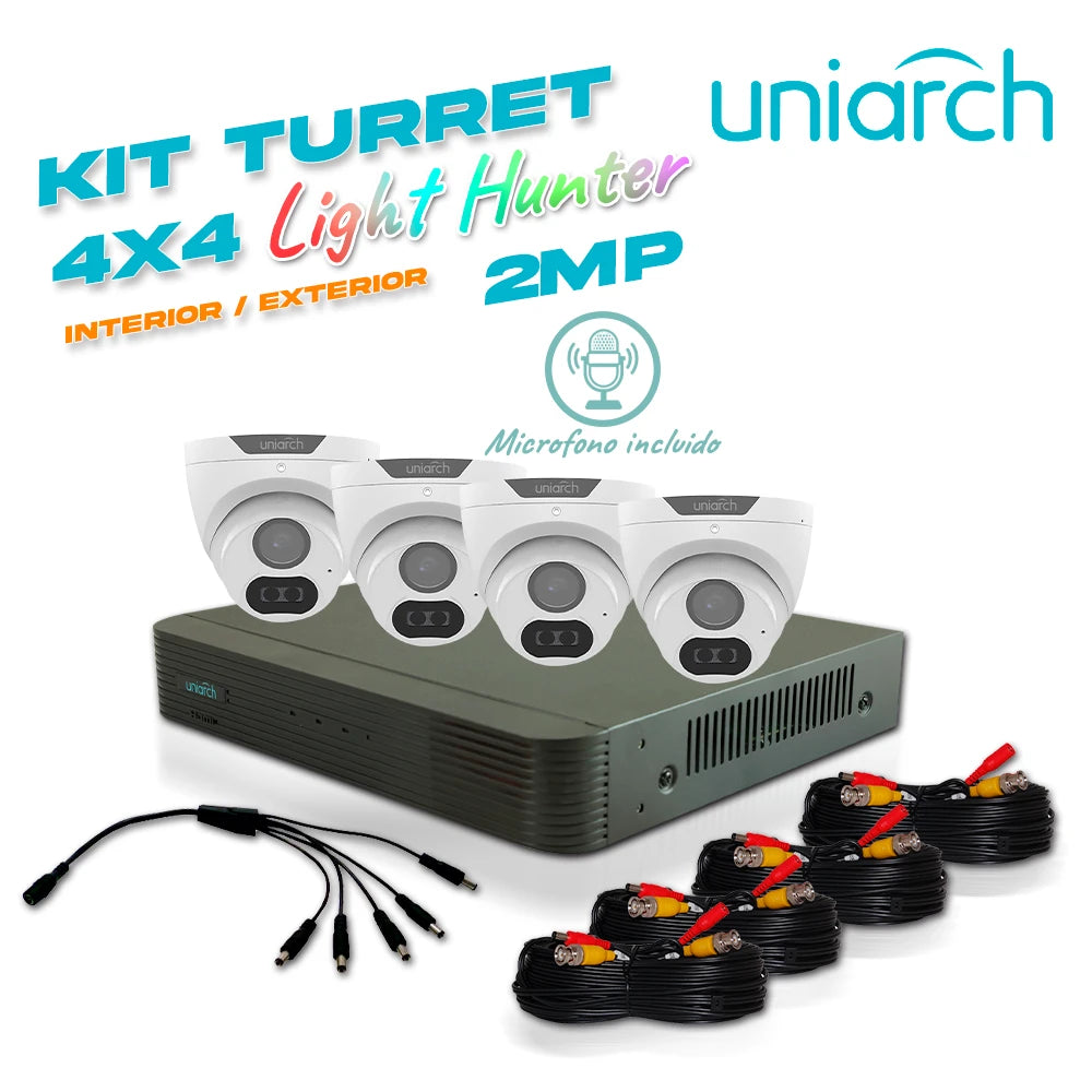 KIT SIN CAJA UNIARCH 4X4 CALIDAD 2MP ANALOGICO 4 CÁMARAS ANALÓGICAS LIGHTHUNTER TURRET INTERIOR / EXTERIOR 2MP / LENTE FIJO 2.8MM / 12VDC / IP67 / 20M IR / DWDR / METAL PLASTICA / MIC INCLUIDO / DEFOG / 3 AXIS, 1 DVR PENTAHIBRIDO XVR- 104G3 , 4 CABLES ...-Kits de Videovigilancia-UNIARCH BY UNV-Bsai Seguridad & Controles