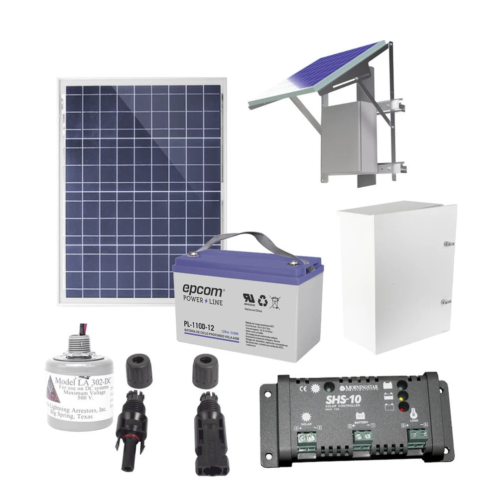 KIT SOLAR DE 12 VCC PARA ALIMENTAR ENERGIZADOR DE CERCA ELECTRIFICADA. INSTALACIÓN DE PANEL EN POSTE.-EPCOM POWERLINE-Bsai Seguridad & Controles