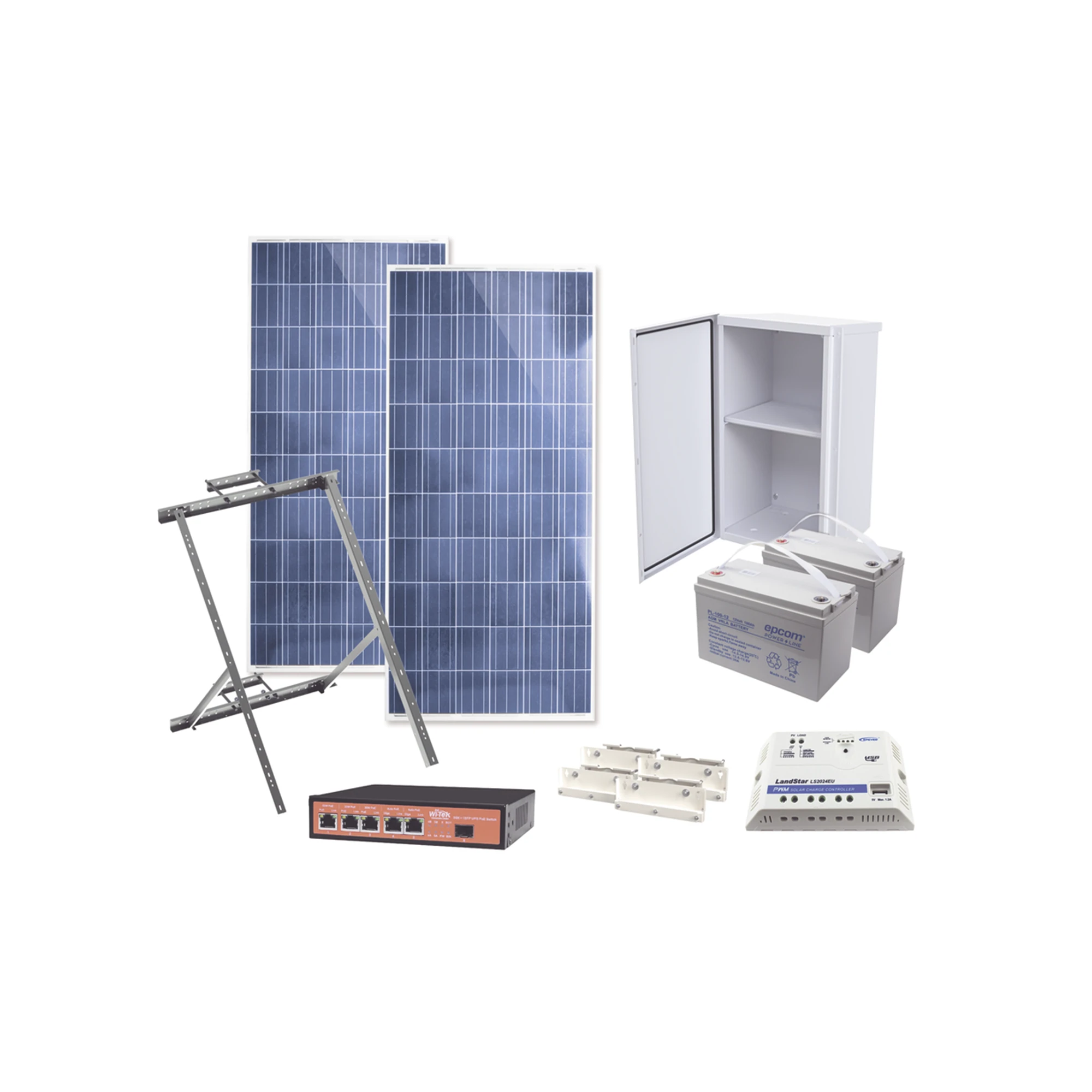 KIT SOLAR WITEK DE 28 W CON 5 PUERTOS POE 802.3 AF Y POE PASIVO 24 V PARA CAMARAS IP Y UN ENLACE PUNTO A PUNTO EN 24 VCC-Energía Solar y Eólica-EPCOM POWERLINE-Bsai Seguridad & Controles