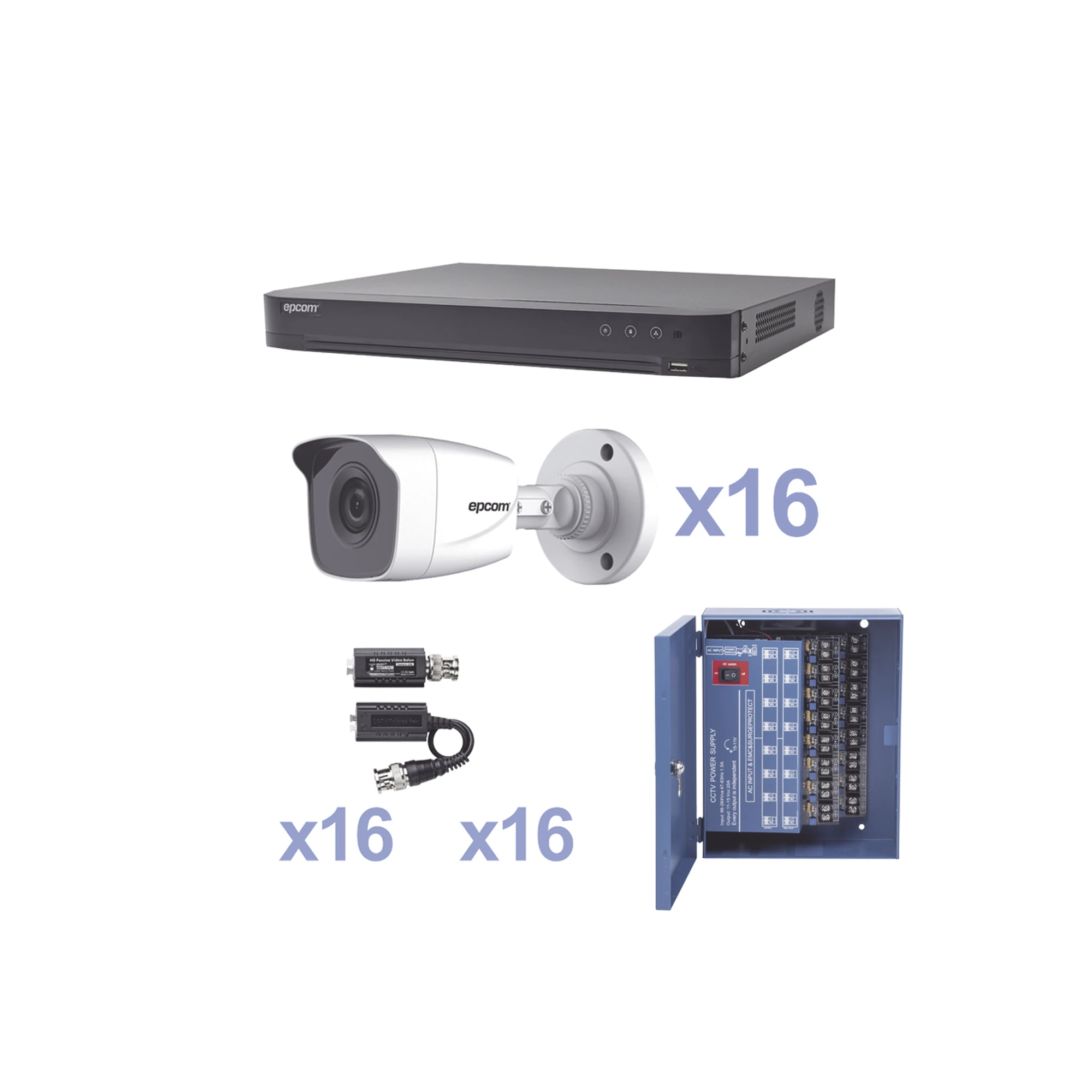 KIT TURBOHD 1080P / DVR 16 CANALES / 16 CÁMARAS BALA (EXTERIOR 2.8 MM) / TRANSCEPTORES / CONECTORES / FUENTE DE PODER PROFESIONAL-EPCOM PROFESSIONAL-KEVTX8T16BW-Bsai Seguridad & Controles