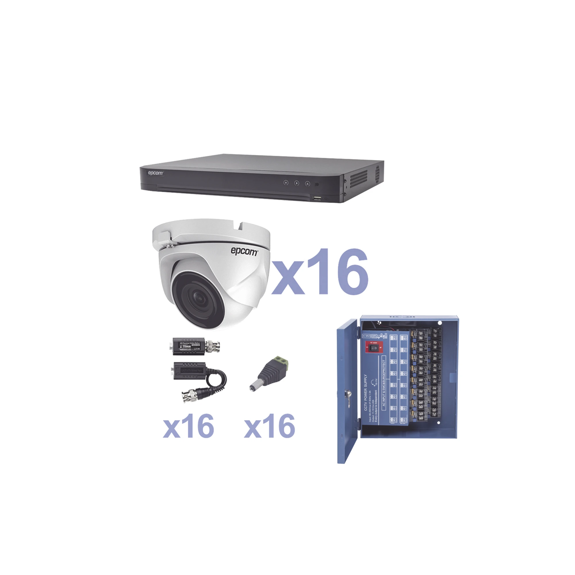 KIT TURBOHD 1080P / DVR 16 CANALES / 16 CÁMARAS EYEBALL (EXTERIOR 2.8 MM) / TRANSCEPTORES / CONECTORES / FUENTE DE PODER PROFESIONAL-EPCOM PROFESSIONAL-KEVTX8T16EW-Bsai Seguridad & Controles