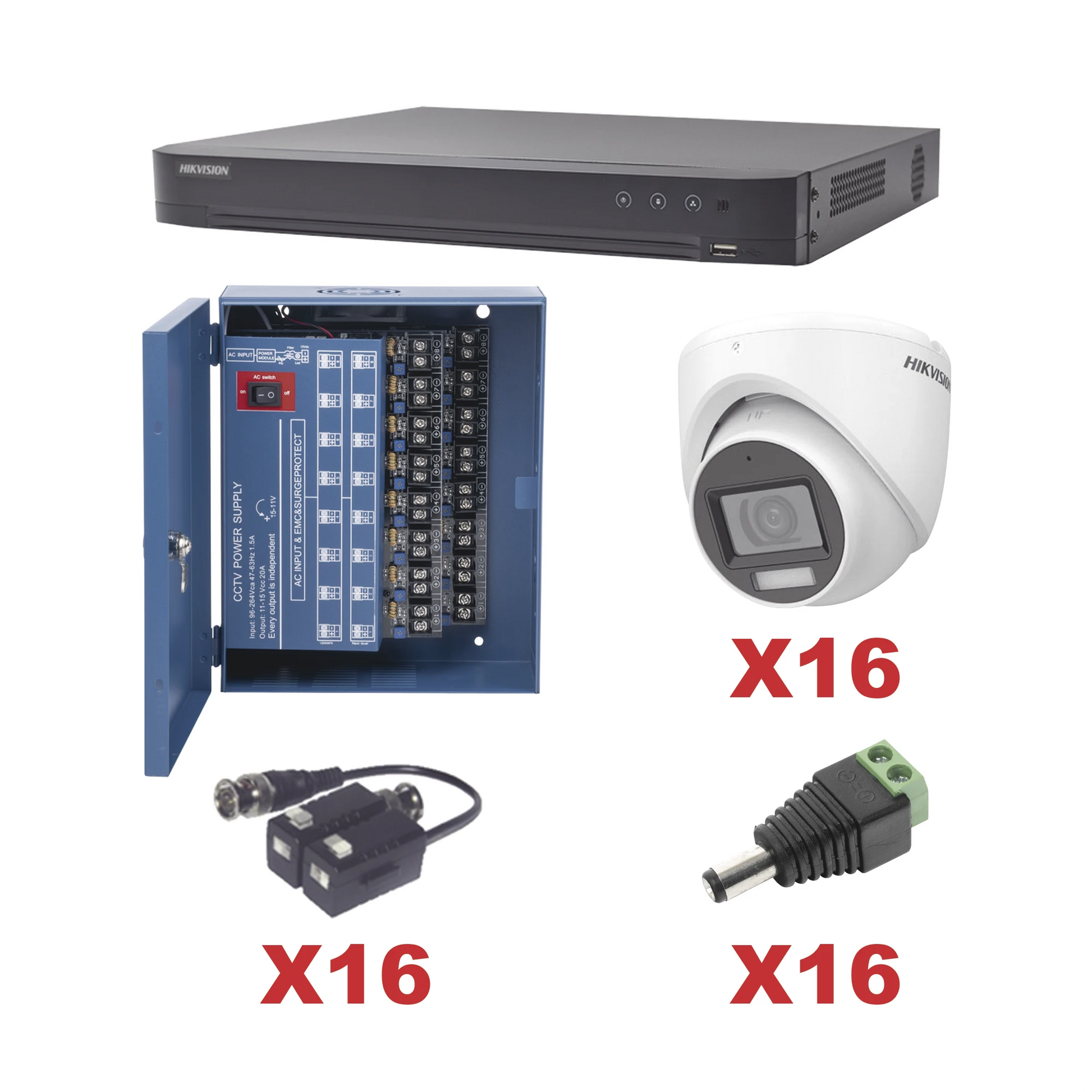 KIT TURBOHD 1080P / DVR 16 CANALES / 16 CÁMARAS TURRET CON AUDIO INTEGRADO (EXTERIOR 2.8 MM) / TRANSCEPTORES / CONECTORES / FUENTE DE PODER PROFESIONAL-Kits- Sistemas Completos-HIKVISION-KH1080P16DW-Bsai Seguridad & Controles