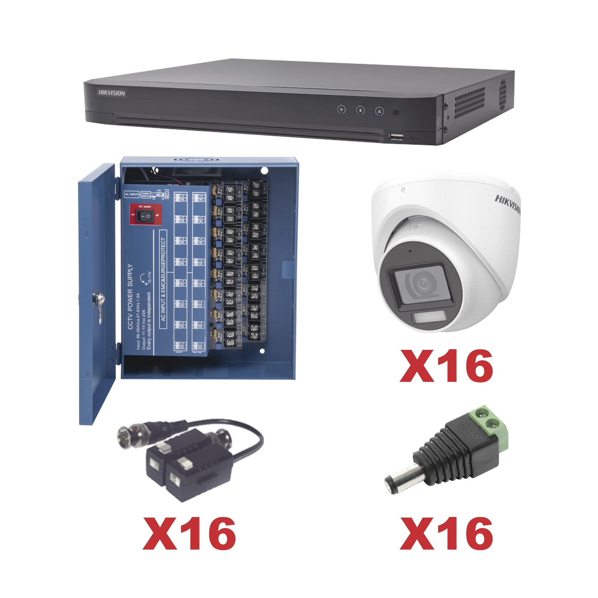 KIT TURBOHD 1080P / DVR 16 CANALES / 16 CÁMARAS TURRET CON AUDIO INTEGRADO (EXTERIOR 2.8 MM) / TRANSCEPTORES / CONECTORES / FUENTE DE PODER PROFESIONAL-Kits- Sistemas Completos-HIKVISION-KH1080P16DW-Bsai Seguridad & Controles