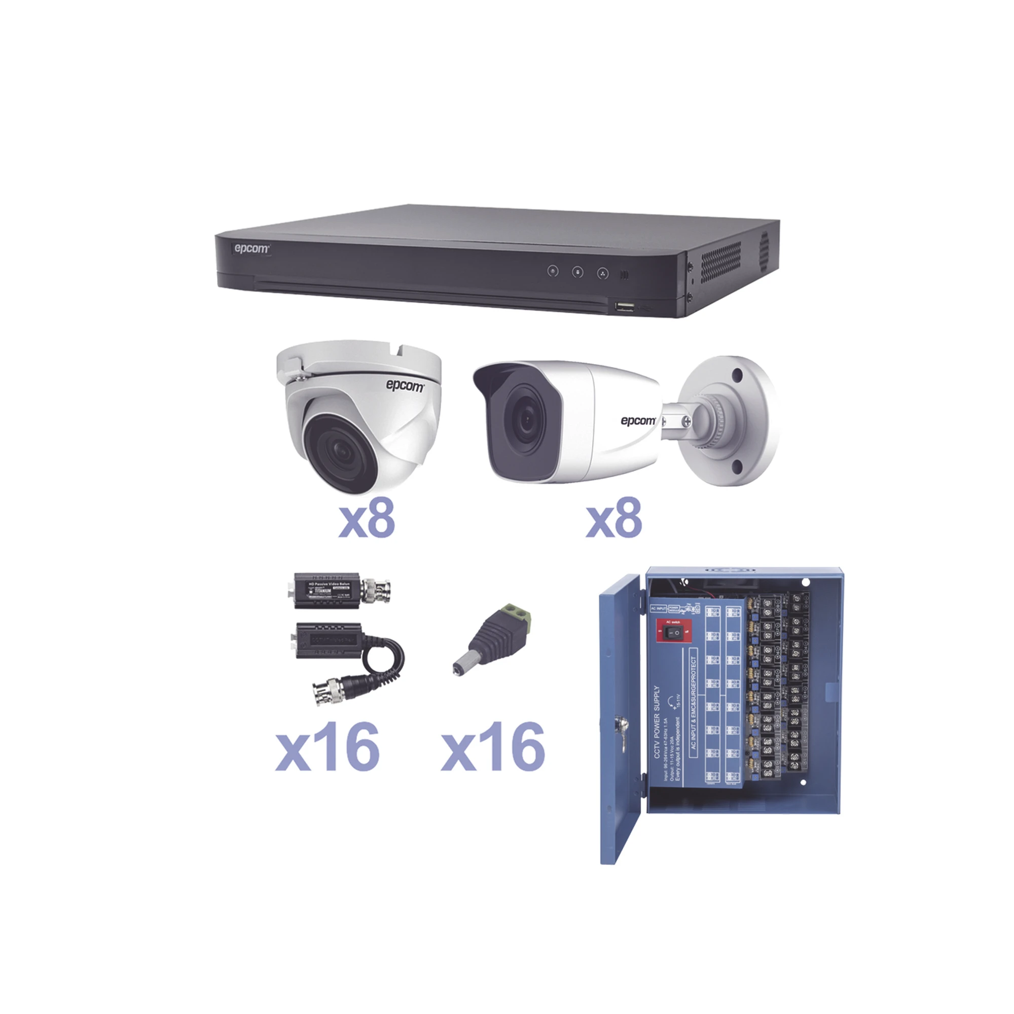 KIT TURBOHD 1080P / DVR 16 CANALES / 8 CÁMARAS BALA (EXTERIOR 2.8 MM) / 8 CÁMARAS EYEBALL (EXTERIOR 2.8 MM) / TRANSCEPTORES / CONECTORES / FUENTE DE PODER PROFESIONAL-EPCOM PROFESSIONAL-KEVTX8T8B/8EW-Bsai Seguridad & Controles