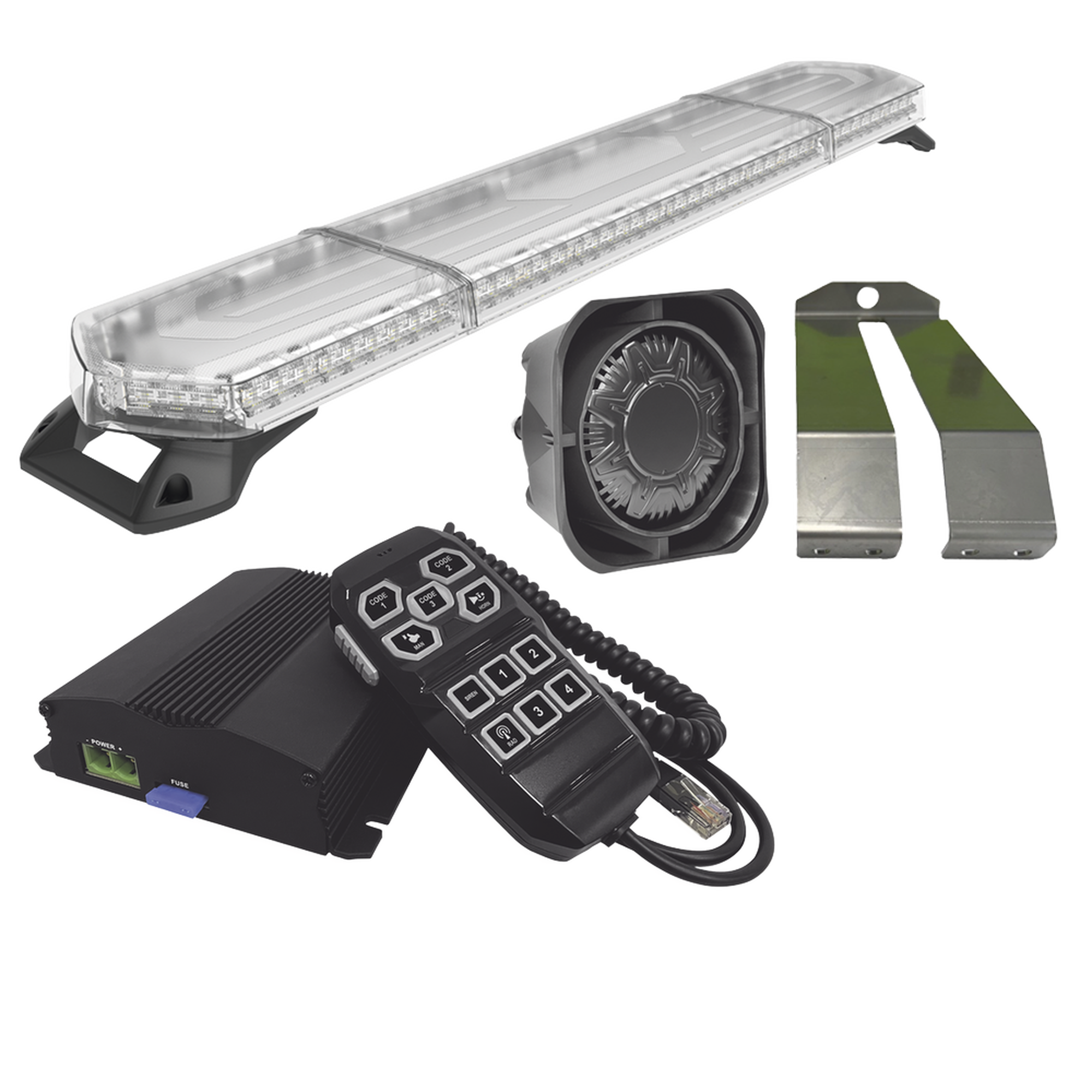 KIT DE SIRENA, BOCINA Y TORRETA DE 48", CON 96 LEDS, AMBAR, IDEAL PARA EQUIPAR UNIDADES DE SEGURIDAD PRIVADA, MINERÍA E INDUSTRIA