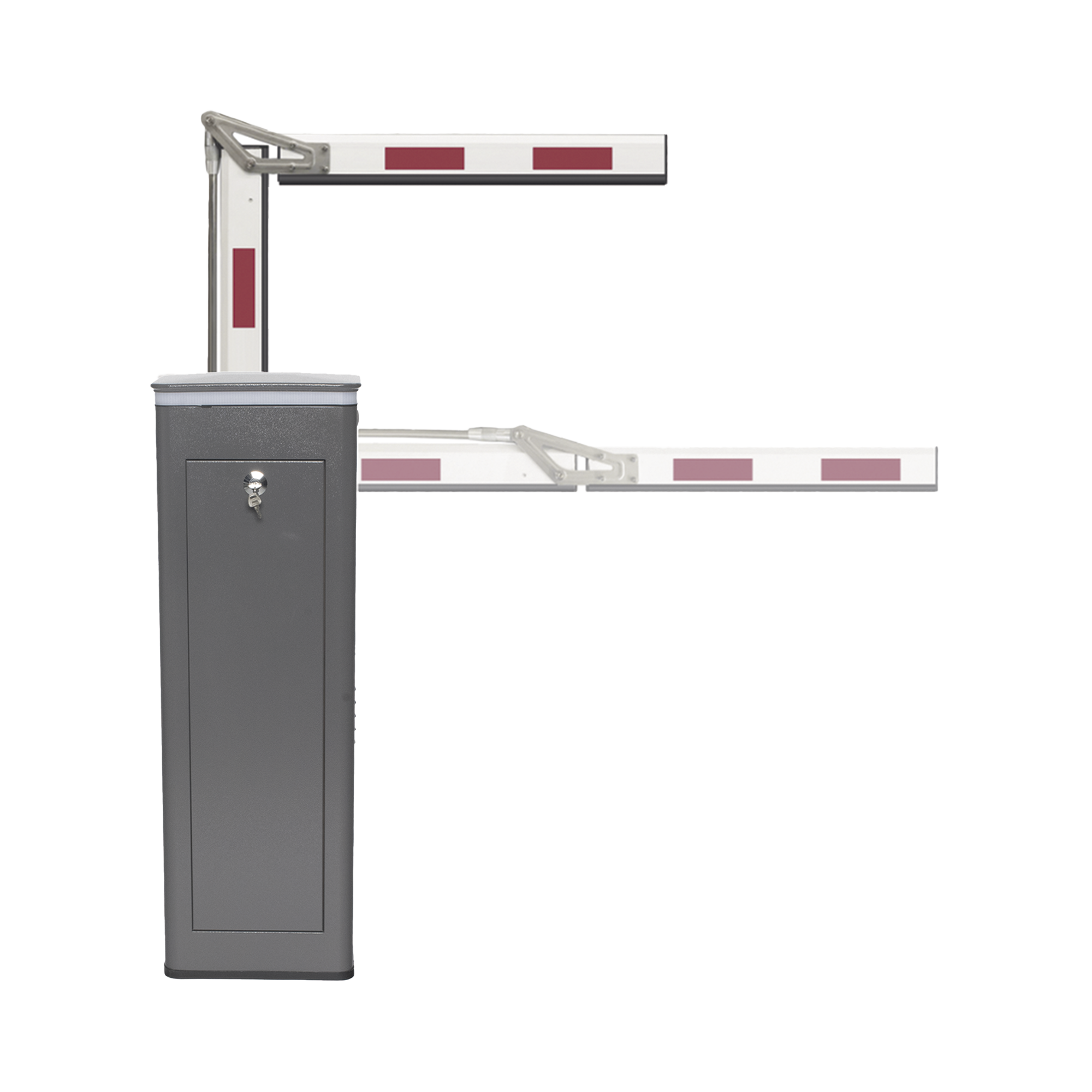 KIT DE BARRERA VEHICULAR DERECHA Y BRAZO ARTICULADO DE 3 METROS / FINALES DE CARRERA AJUSTABLES POR PROGRAMACIÓN / MOVIMIENTO FLUIDO / DISEÑO ELEGANTE COLOR GRIS / CON CORONA LED SEMAFORIZADA-Acceso Vehicular-ACCESSPRO-Bsai Seguridad & Controles