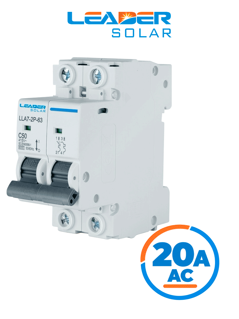 LEADER SOLAR LLA7-2P-63 20A AC - INTERRUPTOR AUTOMÁTICO CORRIENTE ALTERNA 2 POLOS 20 AMP/TENSIÓN NOMINAL 220 - 415 VAC/5