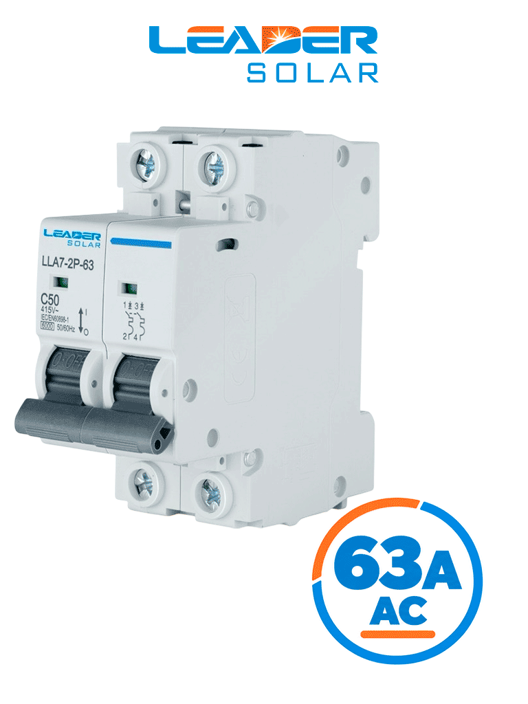 LEADER SOLAR LLA7-2P-63 63A AC - INTERRUPTOR AUTOMÁTICO CORRIENTE ALTERNA 2 POLOS 63 AMP/TENSIÓN NOMINAL 220 - 415 VAC/5
