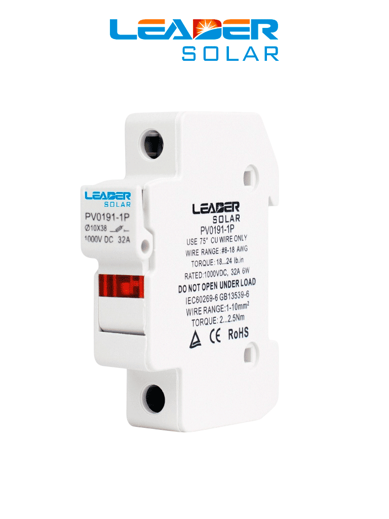 LEADER SOLAR PV0191-1P - PORTAFUSIBLE FOTOVOLTAICO PV0191-1P / 1000 VDC / 32 A / MONTAJE EN RIEL DIN / COMPATIBLE CON FU