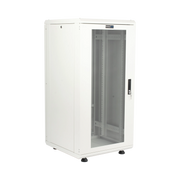GABINETE RACK 24 UNIDADES / 19 PULGADAS / PUERTA DE CRISTAL / PISO / ACERO CALIBRES 16-18-20 / 750 KG CARGA / 600X605X1190 MM (23.6X23.8X46.9 IN) / VIDRIO CON CERRADURA, NIVELADORES INCLUIDOS