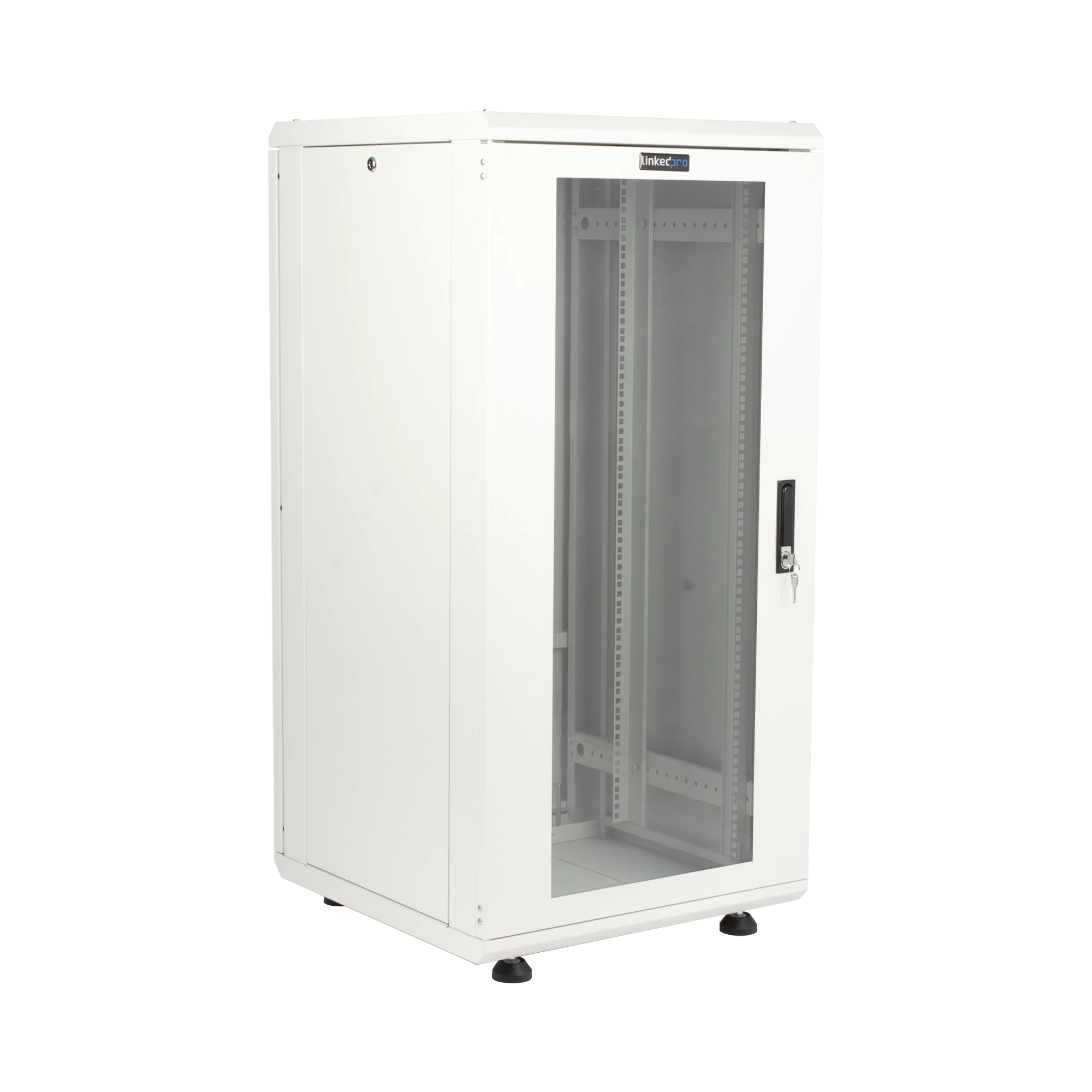 GABINETE RACK 24 UNIDADES / 19 PULGADAS / PUERTA DE CRISTAL / PISO / ACERO CALIBRES 16-18-20 / 750 KG CARGA / 600X605X1190 MM (23.6X23.8X46.9 IN) / VIDRIO CON CERRADURA, NIVELADORES INCLUIDOS