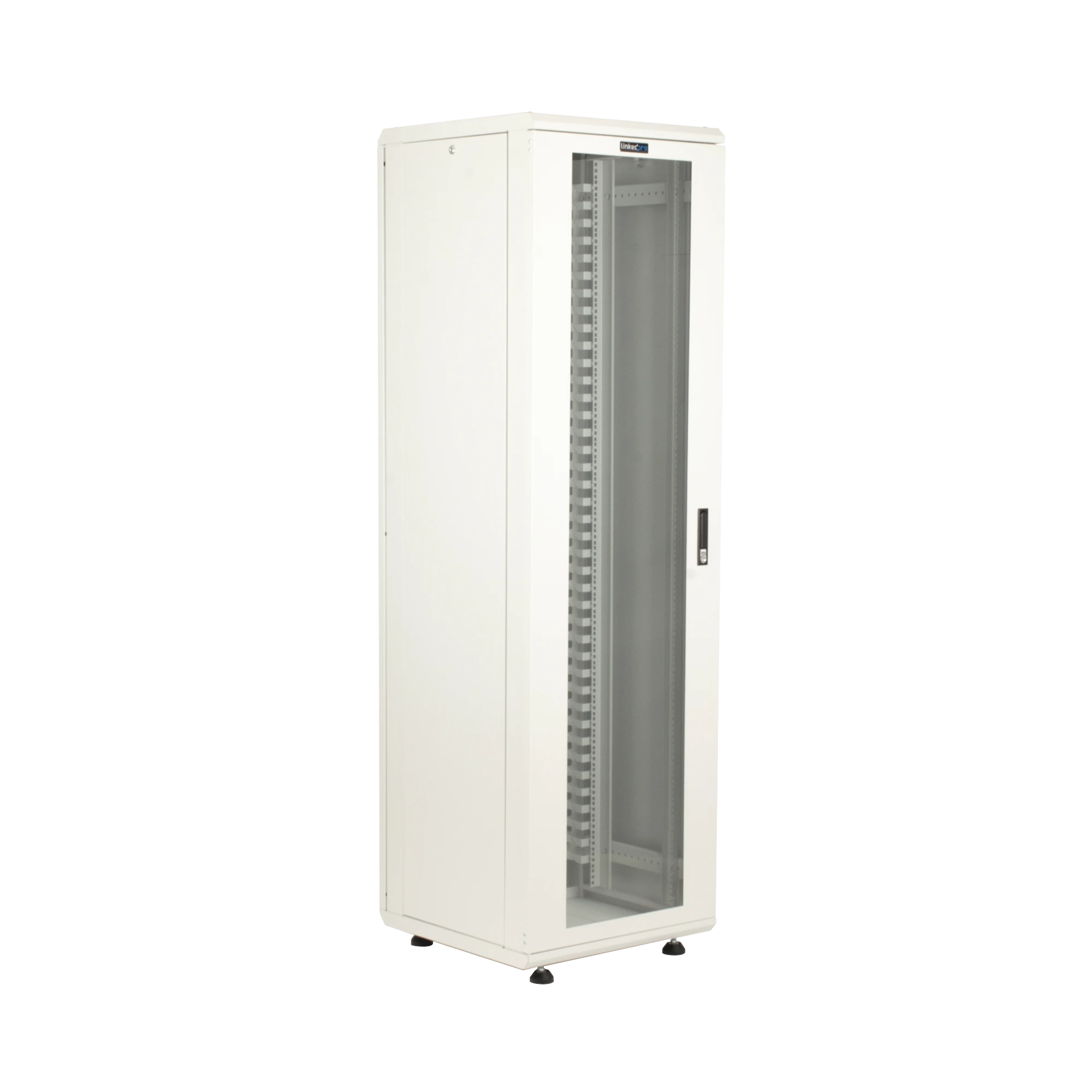GABINETE RACK 42 UNIDADES / PISO 19 PULGADAS / PUERTA CRISTAL TEMPLADO / CAPACIDAD CARGA 1000 KG / ACERO CALIBRES 16-18-20 / VENTILACIÓN SUPERIOR / CERRADURA SEGURIDAD, NIVELADORES INCLUIDOS
