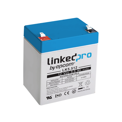 BATERÍA 12 VCC / 5.5 AH / UL / TECNOLOGÍA AGM-VRLA / PARA USO EN EQUIPO ELECTRÓNICO, ALARMAS DE INTRUSIÓN / INCENDIO/ CONTROL DE ACCESO / VIDEO VIGILANCIA / TERMINALES F1 Y F2.-Fuentes de Alimentación-LINKEDPRO BY EPCOM-LK5.512-Bsai Seguridad & Controles