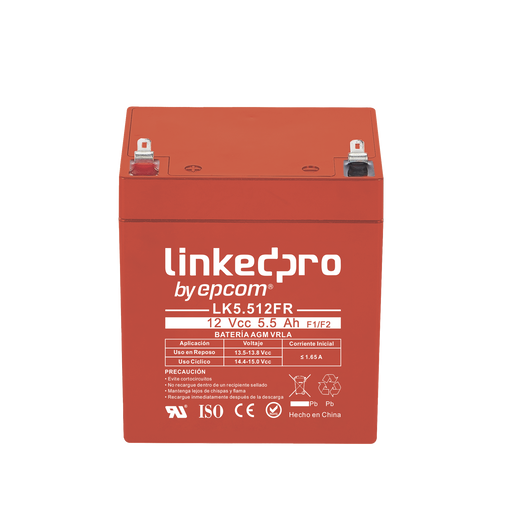 BATERÍA 12 VCC / 5.5 AH / UL / TECNOLOGÍA AGM-VRLA / RETARDANTE A LA FLAMA / PARA USO EN EQUIPO ELECTRÓNICO, ALARMAS DE INTRUSIÓN / INCENDIO/ CONTROL DE ACCESO / VIDEO VIGILANCIA / TERMINALES F1 Y F2.-Fuentes de Alimentación-LINKEDPRO BY EPCOM-LK5.512FR-Bsai Seguridad & Controles