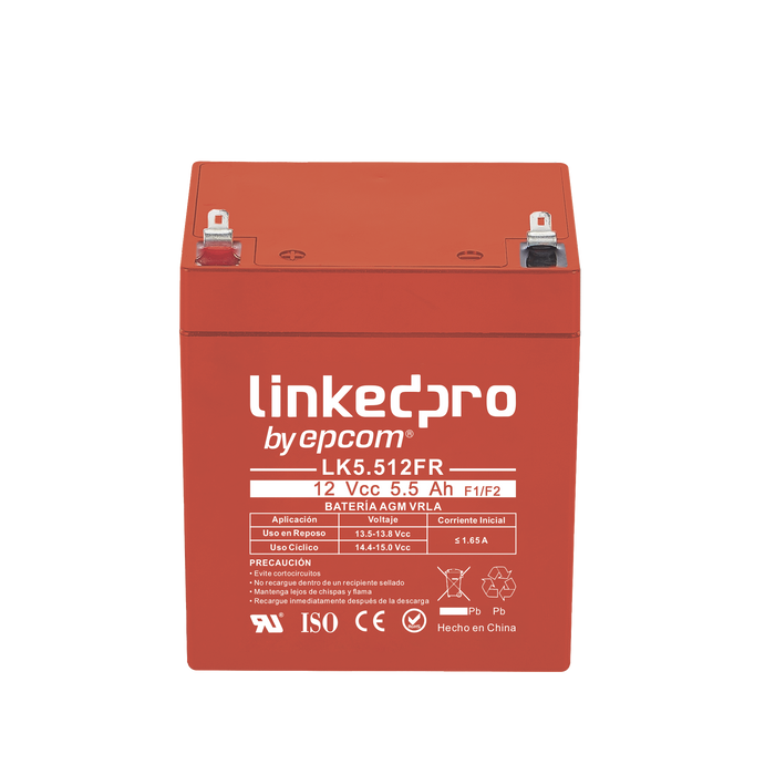 BATERÍA 12 VCC / 5.5 AH / UL / TECNOLOGÍA AGM-VRLA / RETARDANTE A LA FLAMA / PARA USO EN EQUIPO ELECTRÓNICO, ALARMAS DE INTRUSIÓN / INCENDIO/ CONTROL DE ACCESO / VIDEO VIGILANCIA / TERMINALES F1 Y F2.-Fuentes de Alimentación-LINKEDPRO BY EPCOM-LK5.512FR-Bsai Seguridad & Controles