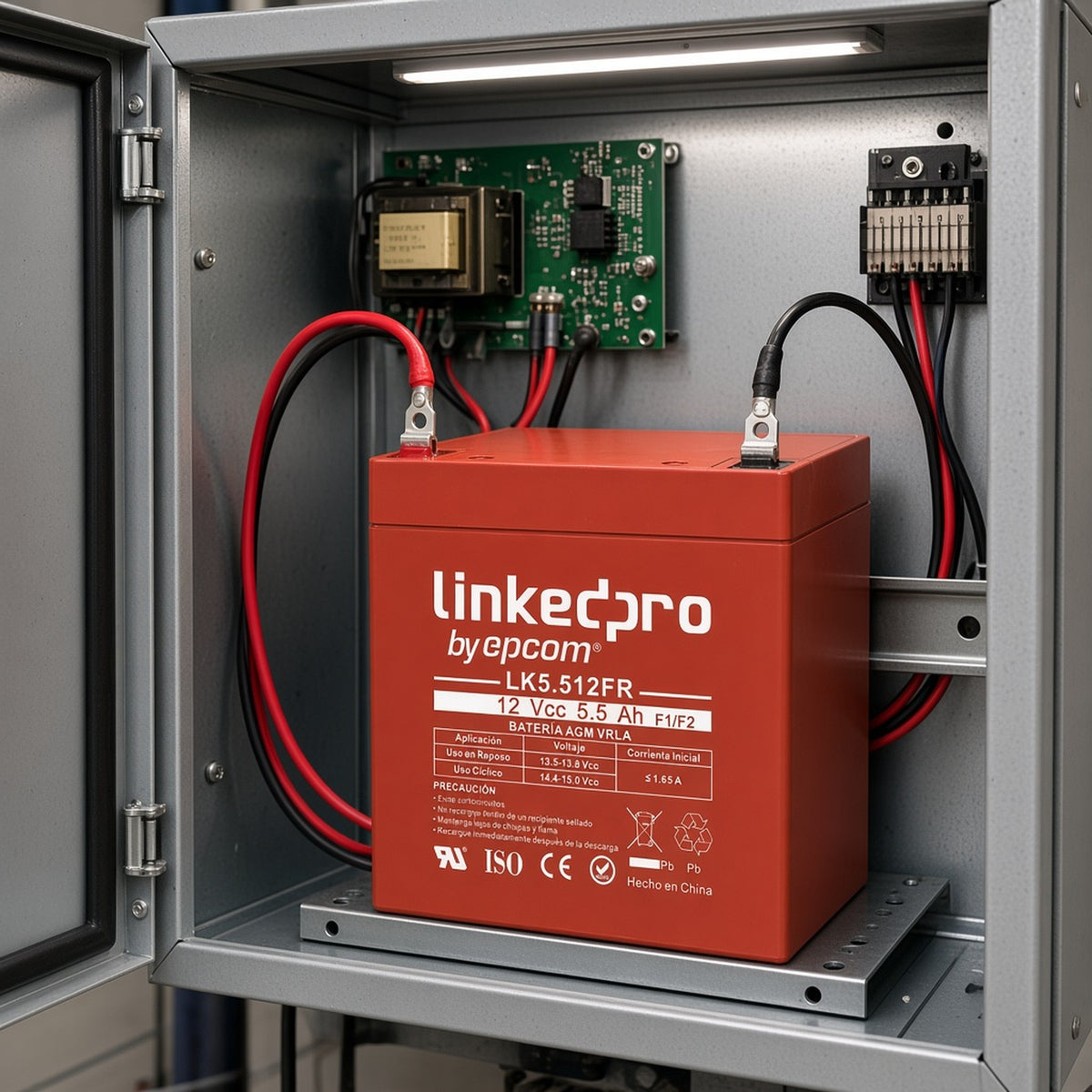 BATERÍA DE RESPALDO AGM-VRLA / 12 V / 5.5 AH / RETARDANTE A LA FLAMA UL94-V0 / VIDA ÚTIL 5 AÑOS / TERMINALES F1 CON ADAPTADOR F2 [LK5.512FR] instalado