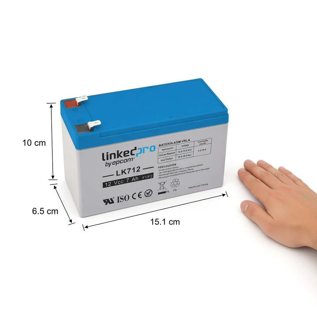 BATERÍA DE RESPALDO AGM-VRLA / 12 V / 7 AH / VIDA ÚTIL 5 AÑOS / TERMINALES F1 + ADAPTADOR F2 / CERTIFICACIÓN UL [LK712] tamaño real