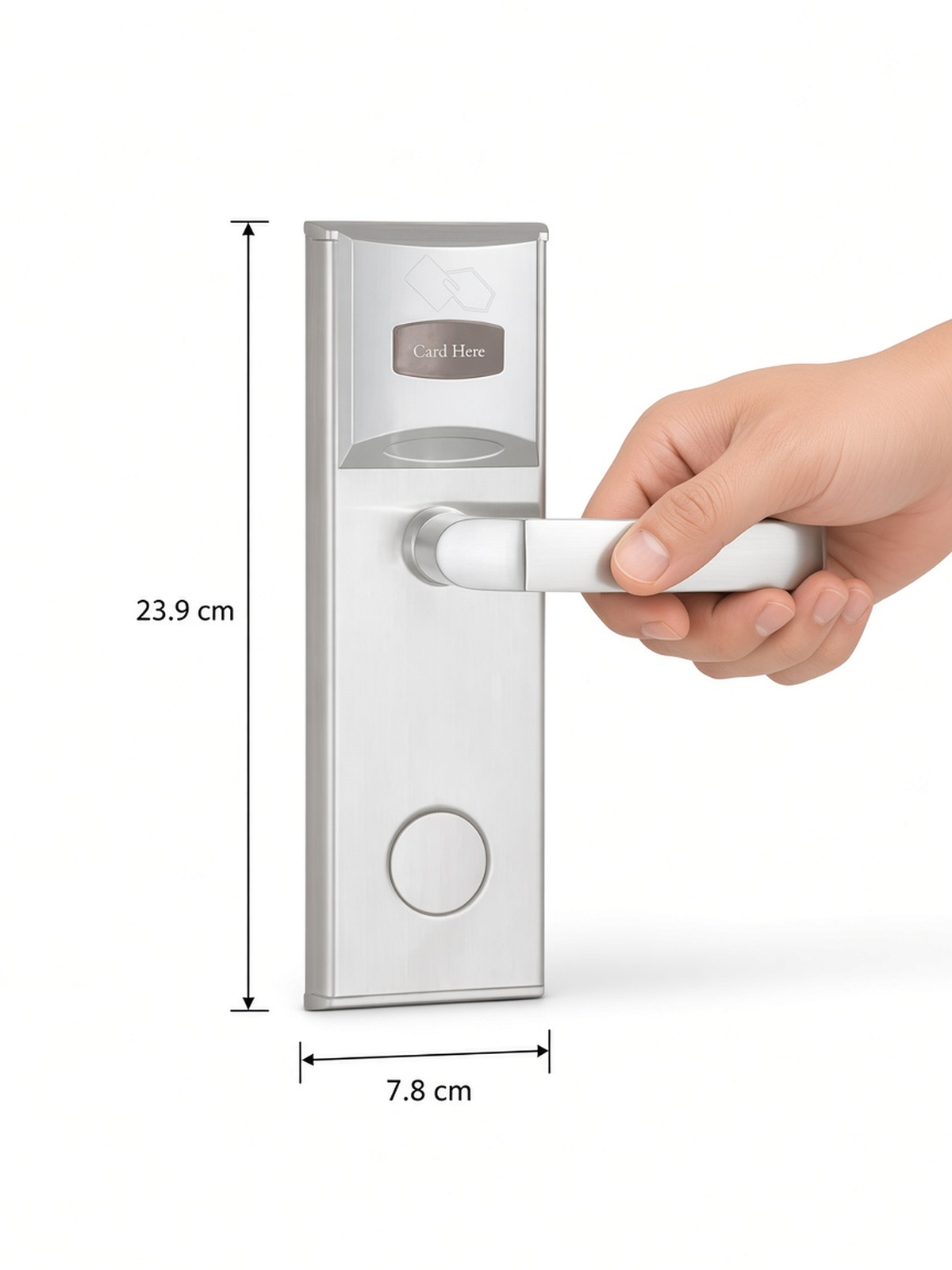 CERRADURA PARA HOTEL / MIFARE 13.56 MHZ / 5 PESTILLOS / ACERO INOXIDABLE / 224 EVENTOS / PUERTA DERECHA / 90 TARJETAS [LOCKPRO-1HD] tamaño real