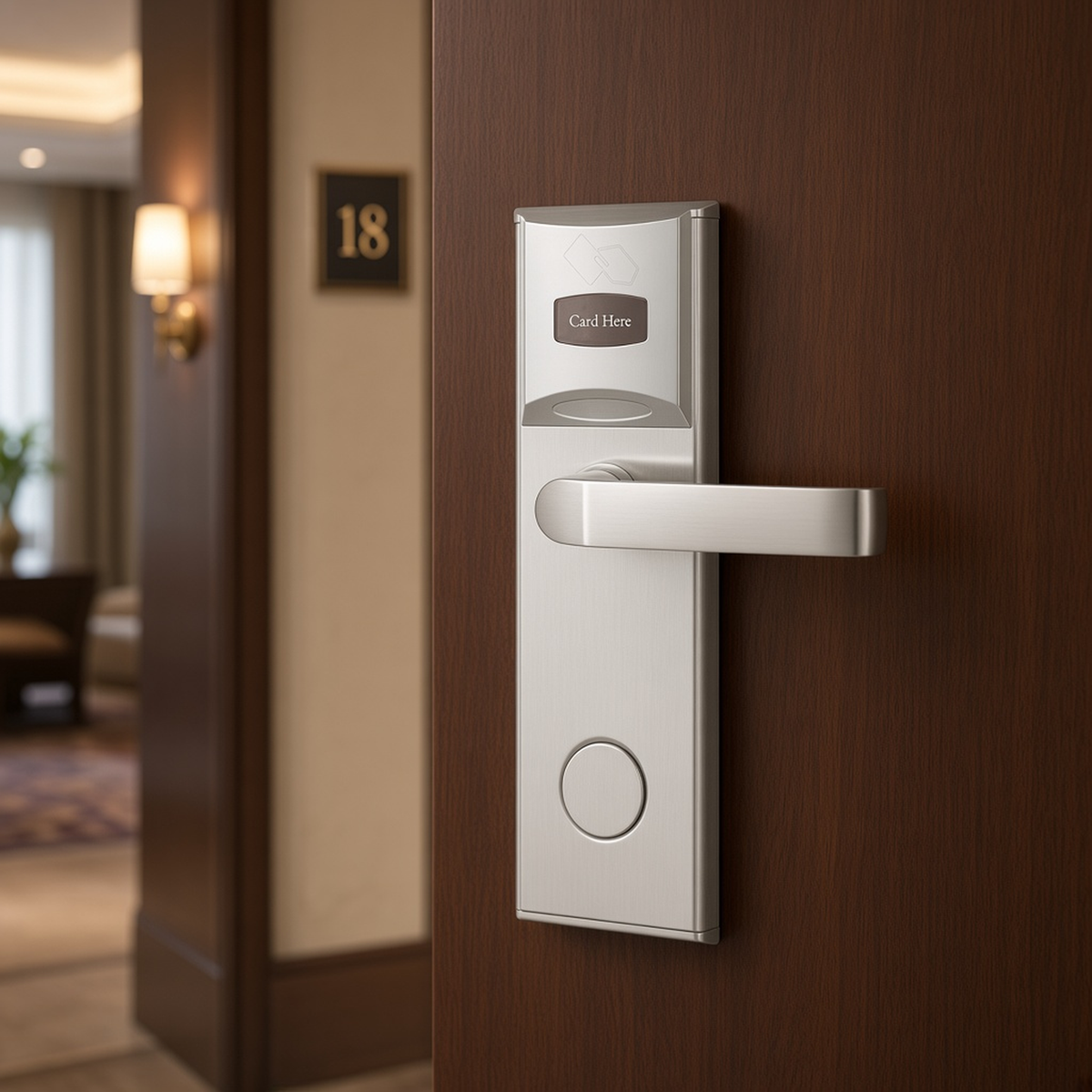 CERRADURA PARA HOTEL / MIFARE 13.56 MHZ / 5 PESTILLOS / ACERO INOXIDABLE / 224 EVENTOS / PUERTA DERECHA / 90 TARJETAS [LOCKPRO-1HD] instalado