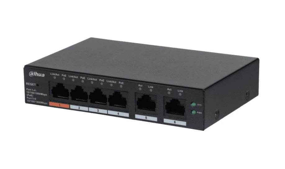 DAHUA CS4006-4GT-60 - SWITCH POE DE 6 PUERTOS GIGABIT/ 4 PUERTOS POE 10/100/1000/ 2 PUERTOS UPLINK 10/100/1000/ 60 WATTS TOTALES/ ADMINISTRABLE EN LA NUBE POR DOLYNK CARE/ POE HASTA 250 METROS/ CARCASA METALICA/ SWITCHING 12 GBPS/ #LONUEVO-Switches POE-DAHUA-Bsai Seguridad & Controles