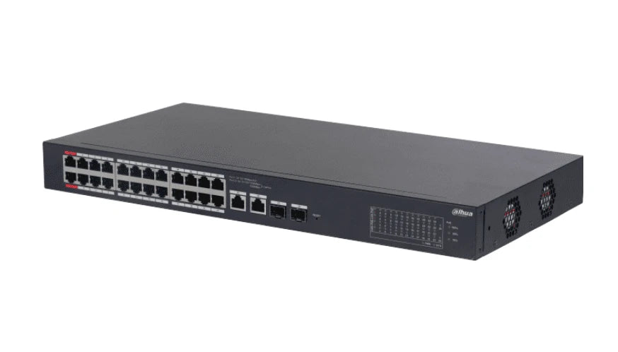 DAHUA CS4226-24ET-240 - SWITCH POE DE 26 PUERTOS/ 24 PUERTOS POE 10/100/ 2 UPLINK 10/100/1000 + 2 PUERTOS SFP/ 240 WATTS TOTALES/ / ADMINISTRABLE EN LA NUBE POR DOLYNK CARE/ POE HASTA 250 METROS/ CARCASA METALICA/ SWITCHING 8.8 GBPS/ #LONUEVO-Switches POE-DAHUA-Bsai Seguridad & Controles