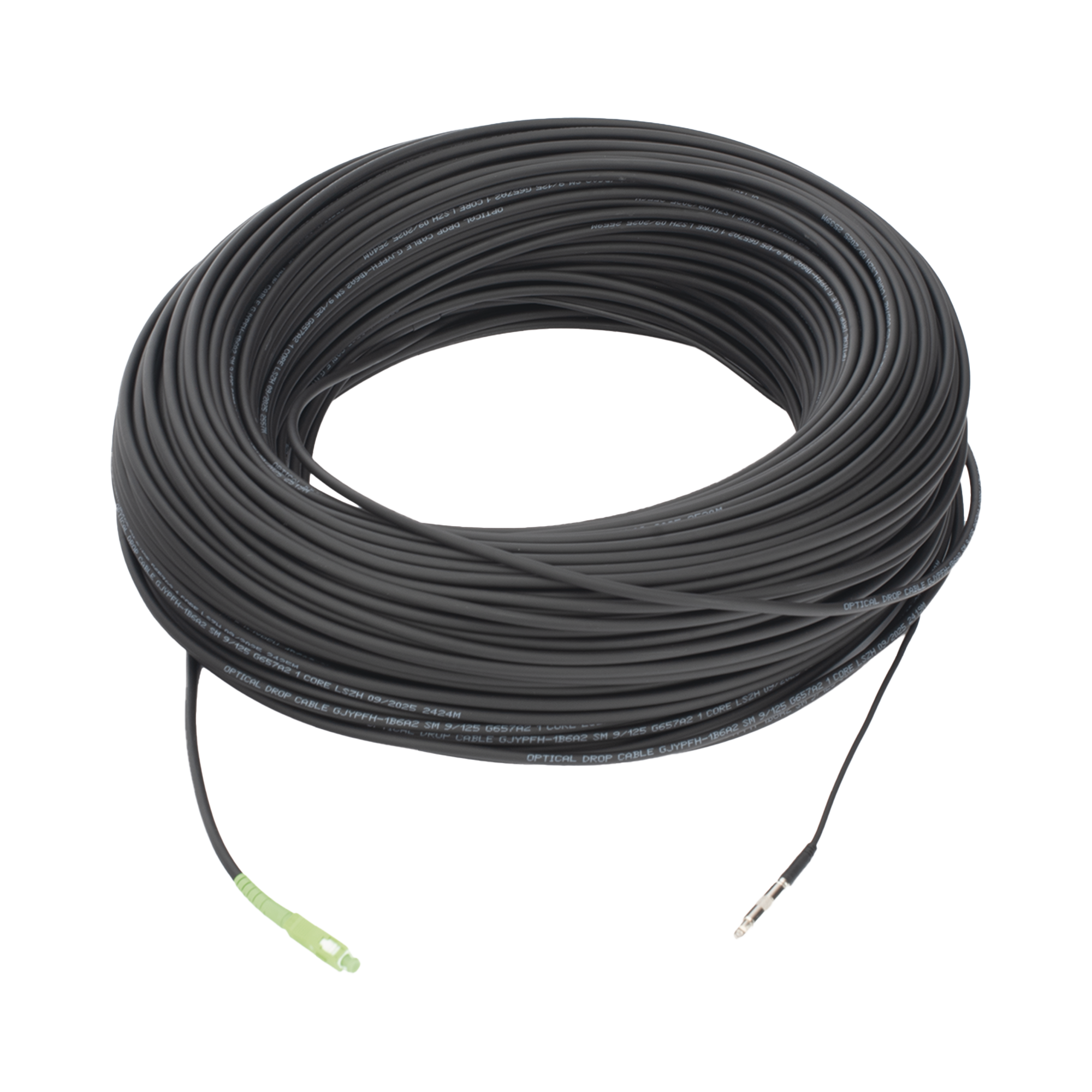 ROLLO DE FIBRA OPTICA DROP REDONDA G657A2 MONOMODO SIMPLEX DE 150 METROS (492.13 PIES) CON CONECTORES SC/APC-SC/APC PARA INSTALACIONES AEREAS, SUBTERRANEAS O A LA INTEMPERIE