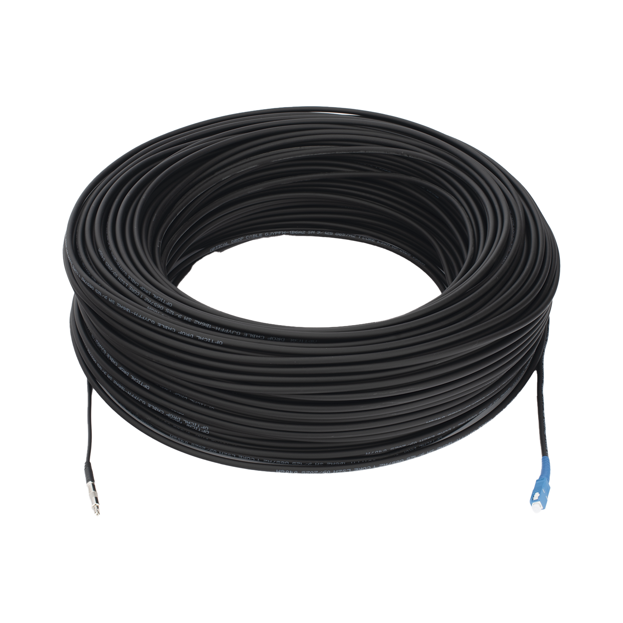 ROLLO DE FIBRA OPTICA DROP REDONDA G657A2 MONOMODO SIMPLEX DE 150 METROS (492.13 PIES) CON CONECTORES SC/UPC-SC/UPC PARA INSTALACIONES AEREAS, SUBTERRANEAS O A LA INTEMPERIE