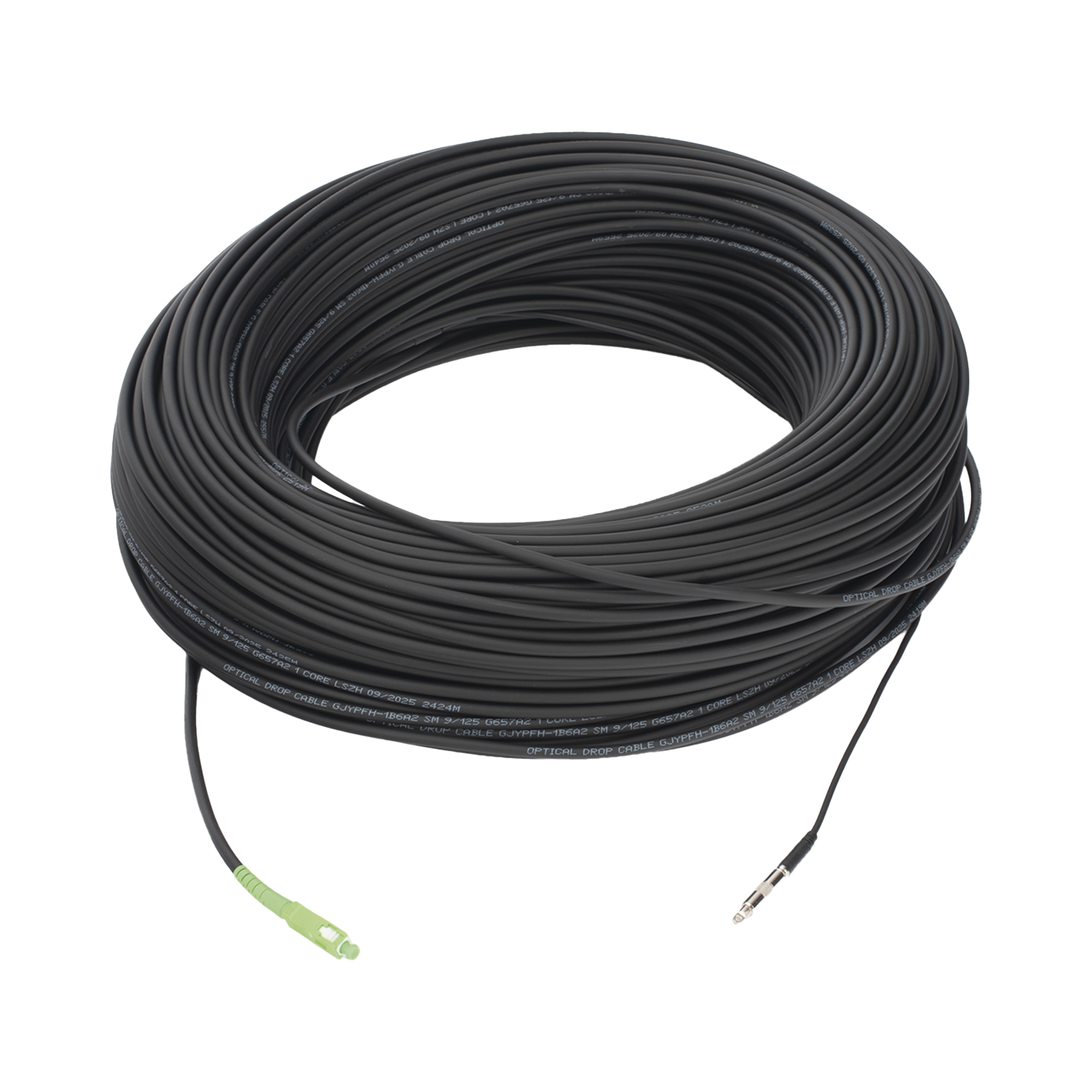 ROLLO DE FIBRA ÓPTICA DROP REDONDA G657A2 MONOMODO SIMPLEX DE 200 METROS CON CONECTORES SC/APC-SC/APC PARA INSTALACIONES AÉREAS, SUBTERRÁNEAS O A LA INTEMPERIE