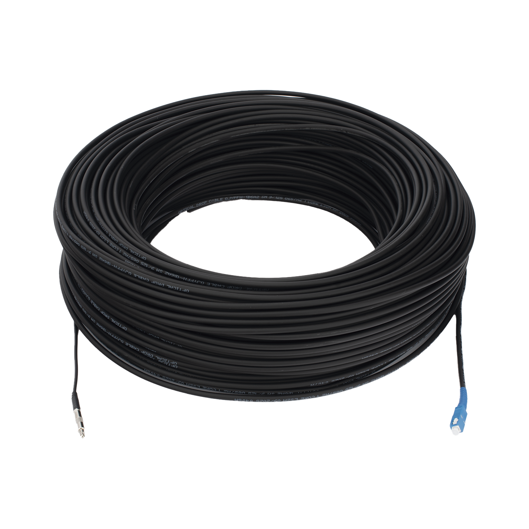 ROLLO DE FIBRA ÓPTICA DROP REDONDA G657A2 MONOMODO SIMPLEX DE 200 METROS (656.17 PIES) CON CONECTORES SC/UPC-SC/UPC PARA INSTALACIONES AEREAS, SUBTERRANEAS O A LA INTEMPERIE