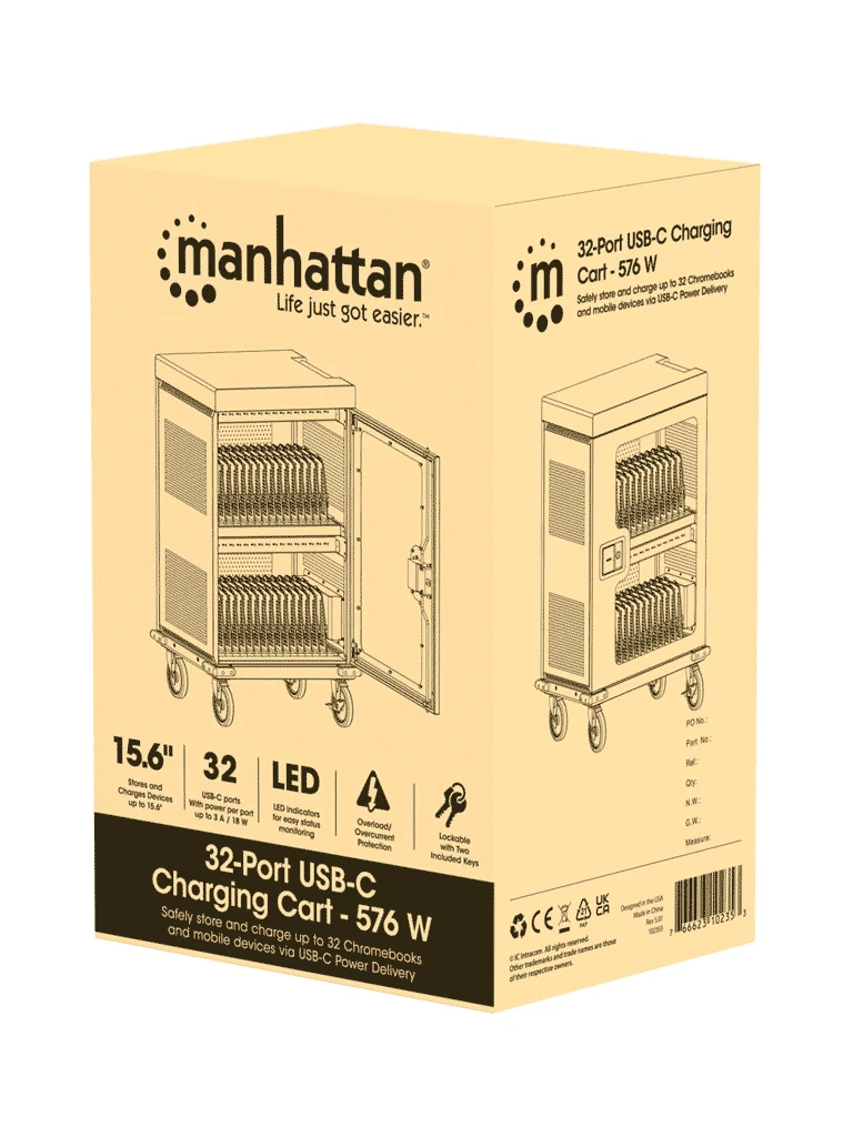 MANHATTAN 102353 - GABINETE DE CARGA CON 32 PUERTOS/ PUERTA DE VIDRIO / USB-C - 576 W 32 PUERTOS USB-C PD / AMPLIAS BAHÍAS PARA CHROMEBOOKS, TABLETAS Y TELÉFONOS, HASTA 18 W POR PUERTO / CON VENTILACIÓN / CARCASA METÁLICA, NEGRO #PROMOMAYO-Gabinetes Piso / Pared-MANHATTAN-Bsai Seguridad & Controles