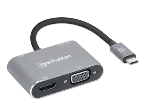 MANHATTAN 130691 - DOCKING STATION DE USB-C A HDMI Y VGA, 4 EN 1, CON SUMINISTRO DE ENERGÍA USB 3.2 TIPO C MACHO A HDMI (4K A 30 HZ), VGA (1080P A 60 HZ), USB-A (5 GBPS) Y USB-C PD (87 W) HEMBRA, CARGA DE TRANSFERENCIA, ALUMINIO, GRIS ESPACIAL-Accesorios y Cables USB-MANHATTAN-Bsai Seguridad & Controles
