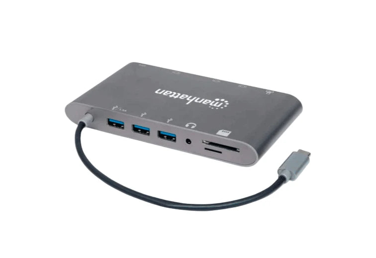 MANHATTAN 152808 - ESTACIÓN DOCKING USB-C SUPERVELOCIDAD 7 EN 1 USB 3.2 TIPO-C MACHO A HDMI, MINI DP O VGA, TRES PUERTOS USB 3.0 TIPO-A,PUERTO USB-C PD, GIGABIT PUERTO RJ45, LECTOR TARJETAS SD Y PUERTO DE AUDIO DE 3.5 MM, ALUMINIO, GRIS-Accesorios y Cables USB-MANHATTAN-Bsai Seguridad & Controles