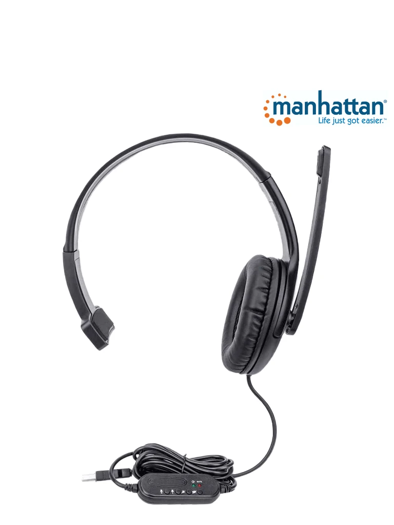 MANHATTAN 179874 - AUDÍFONO USB MONOAURAL CON MICRÓFONO DISEÑO MONOAURAL, CABLEADO CON UN CONECTOR USB-A, CONTROL DE VOLUMEN EN LÍNEA, MICRÓFONO AJUSTABLE, NEGRO-Micrófonos-MANHATTAN-Bsai Seguridad & Controles
