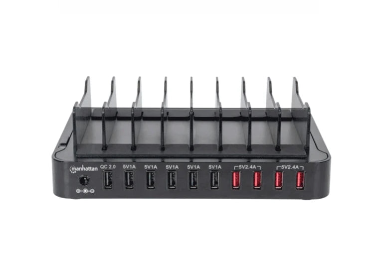 MANHATTAN 180009 - ESTACIÓN DE CARGA CON 10 PUERTOS USB 76 W, BASE DE CARGA USB DE 12 A USB CON CARGA RÁPIDA DE 2.0, SOPORTE CON 8 BAHÍAS-Accesorios y Cables USB-MANHATTAN-MAN3280053-Bsai Seguridad & Controles