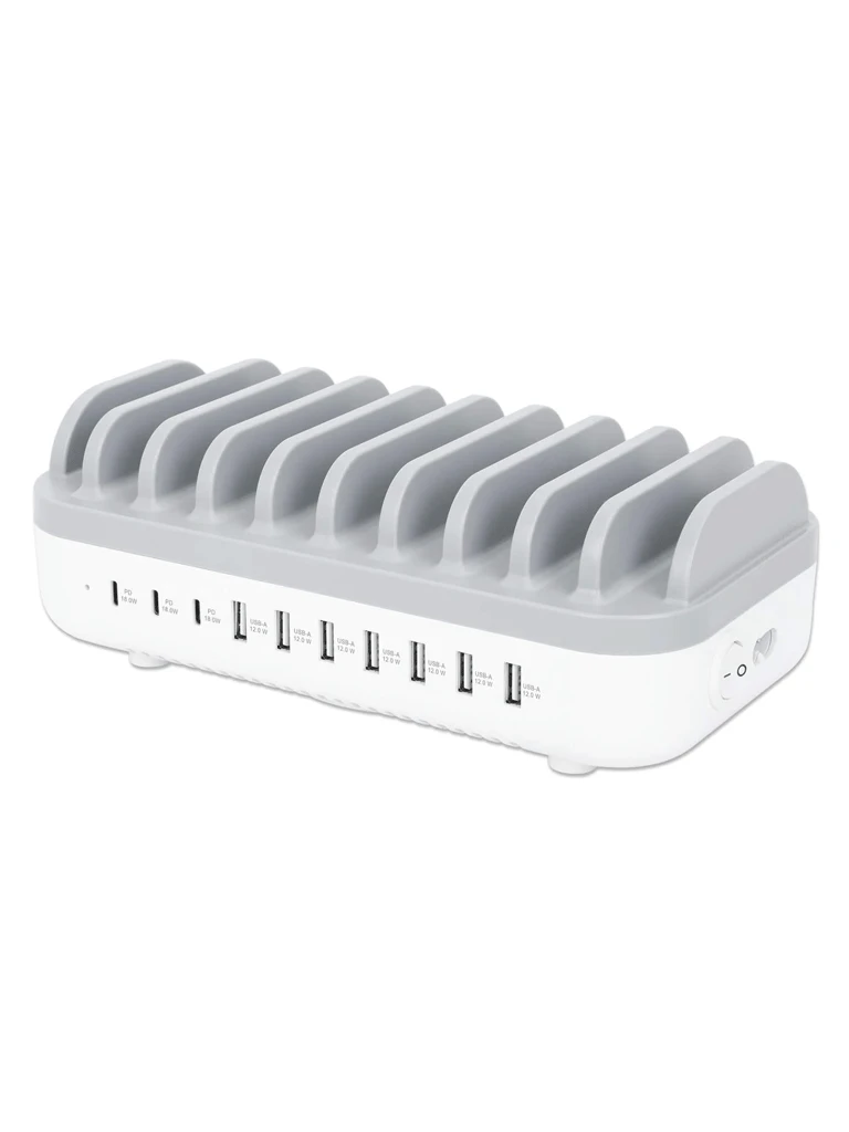 MANHATTAN - 180856 - ESTACIÓN DE CARGA DE 10 PUERTOS USB - 120 W / TRES PUERTOS USB-C PD DE HASTA 18 W POR PUERTO, SIETE PUERTOS USB-A DE HASTA 12 W / 2.4 A POR PUERTO, 120 W DE SALIDA TOTAL, BLANCO/GRIS-Accesorios y Cables USB-MANHATTAN-Bsai Seguridad & Controles