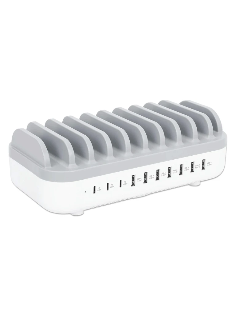 MANHATTAN - 180856 - ESTACIÓN DE CARGA DE 10 PUERTOS USB - 120 W / TRES PUERTOS USB-C PD DE HASTA 18 W POR PUERTO, SIETE PUERTOS USB-A DE HASTA 12 W / 2.4 A POR PUERTO, 120 W DE SALIDA TOTAL, BLANCO/GRIS-Accesorios y Cables USB-MANHATTAN-Bsai Seguridad & Controles