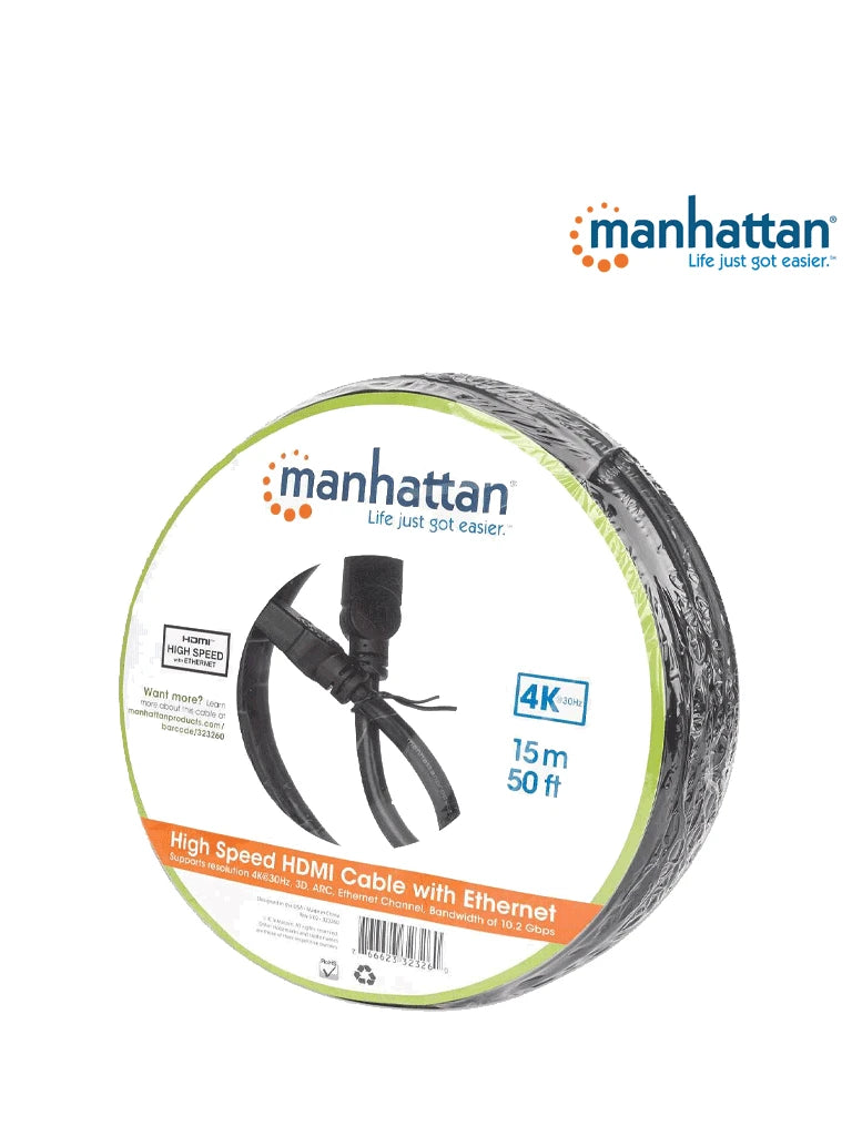 MANHATTAN 323260 - CABLE HDMI DE ALTA VELOCIDAD DE 15 METROS / RESOLUCIÓN 4K@30HZ/ SOPROTA 3D Y CANAL DE ETHERNET DE 100 MBPS/ HDMI MACHO A MACHO/ SOPORTA CANAL DE RETORNO DE AUDIO (ARC)/ BLINDADO PARA REDUCIR INTERFERENCIA/-HDMI-MANHATTAN-Bsai Seguridad & Controles