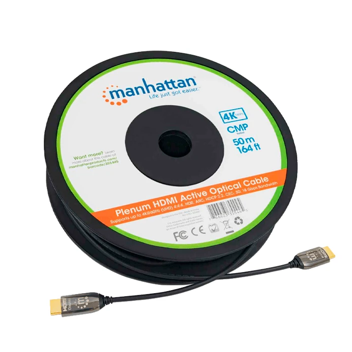MANHATTAN 355445 - CABLE HDMI OPTICO ACTIVO PLENUM DE 50 METROS/ RESOLUCIÓN 4K@60HZ/ SOPORTA 3D Y CANAL ETHERNET/ HDMI MACHO A MACHO/ SOPORTA CANAL DE RETORNO DE AUDIO (ARC)/ ADMITE IMAGENES HDR/ (SOBRE PEDIDO)-HDMI-MANHATTAN-Bsai Seguridad & Controles